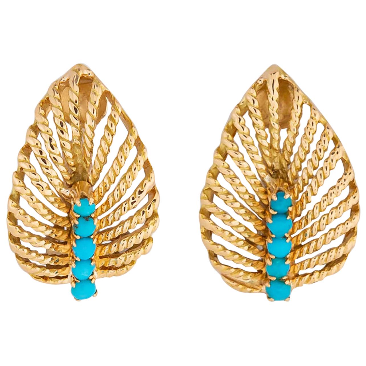 Elegant Gold and Turquoise Leaf Motif Earrings For Sale