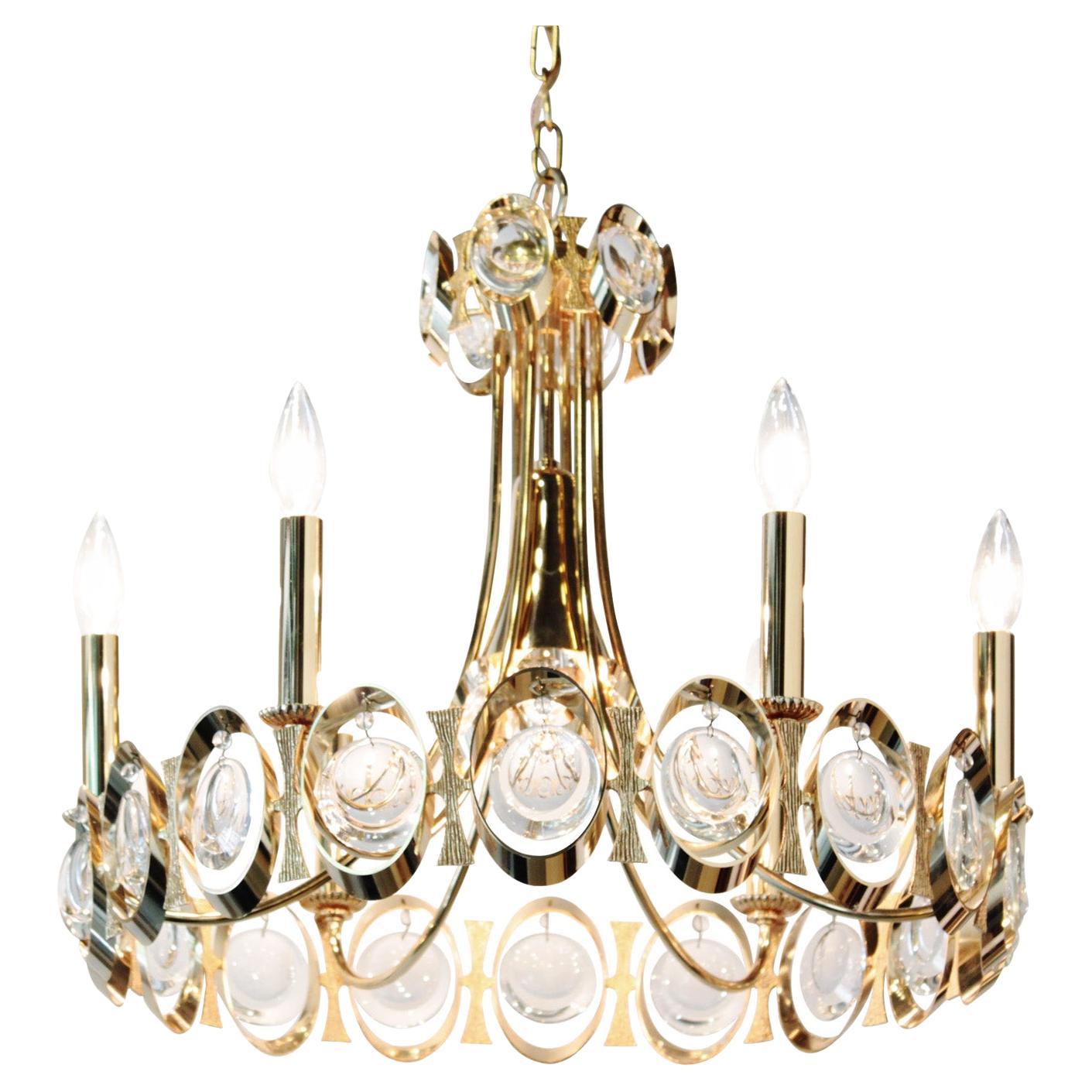 Elegant Gold Plated Brass and Crystal Chandelier, 1960s
