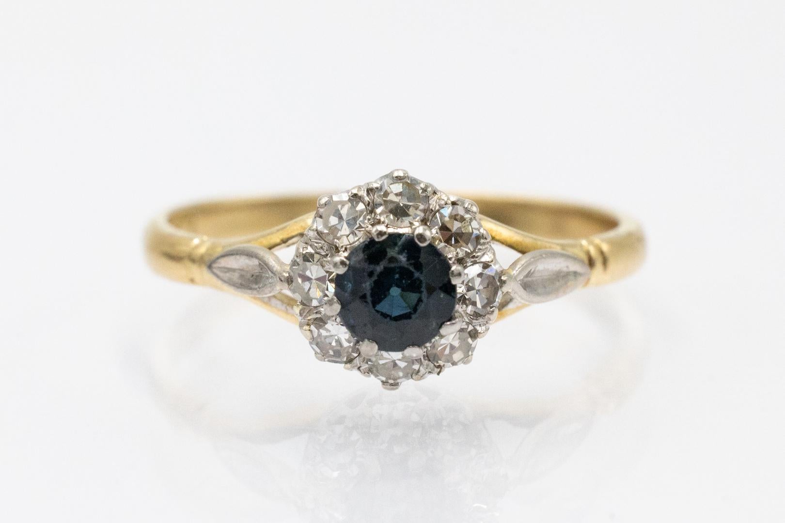 Elegant gold ring with sapphire and diamonds.

Classic gold ring with round natural sapphire and old-cut diamonds. Ring made of 18-karat yellow gold and platinum elements.

Its central point is a round, natural sapphire weighing approx. 0.50 ct with
