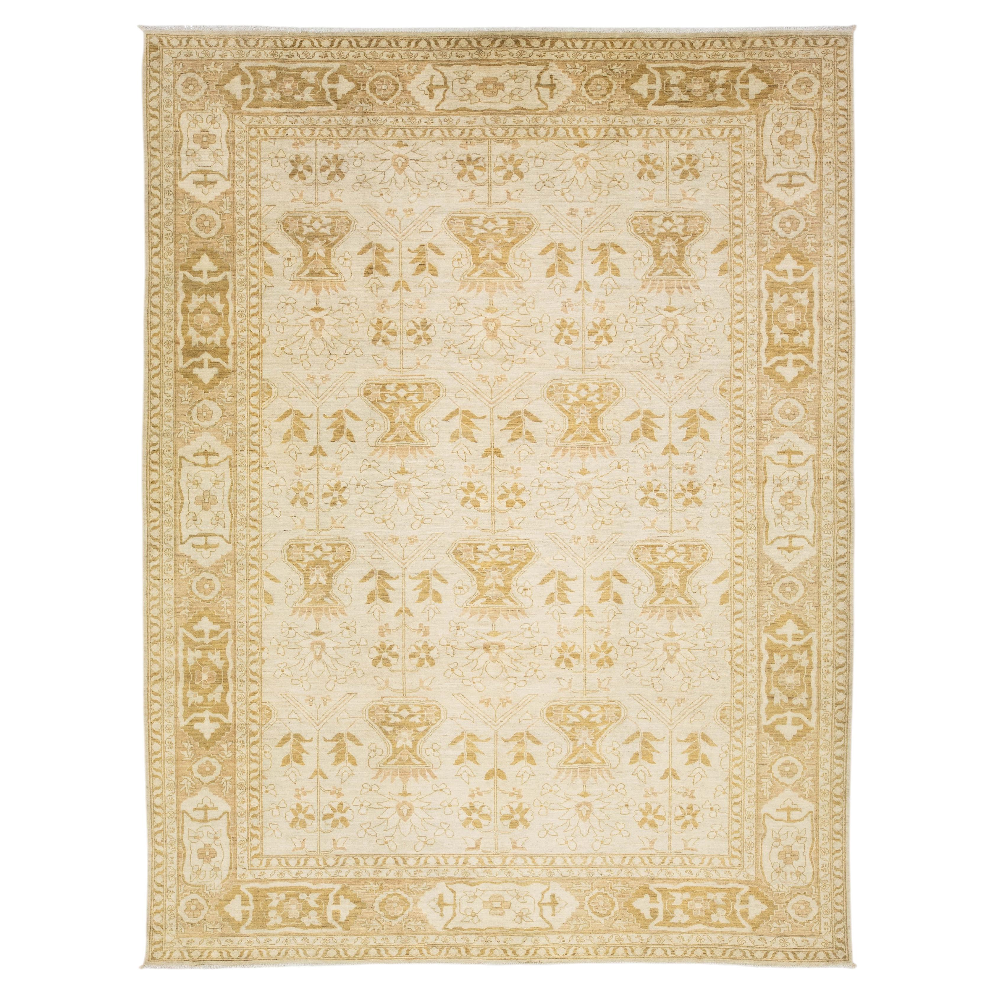 Elegant Golden Ivory Modern Oushak Style Hand-Knotted Wool Rug 10x14 For Sale