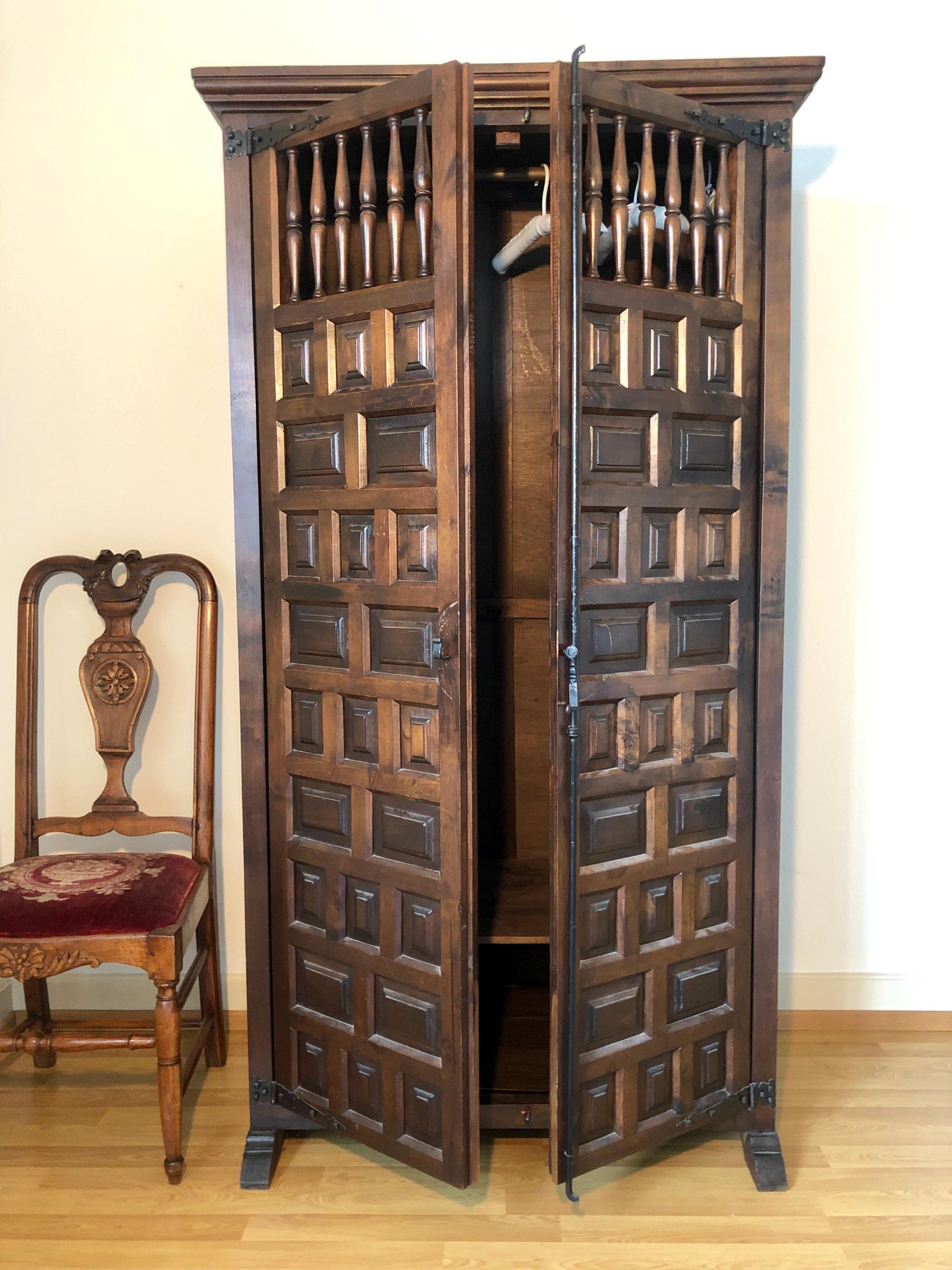 Elegant Gothic Wardrobe Dark Wood Single Armoire, France 7