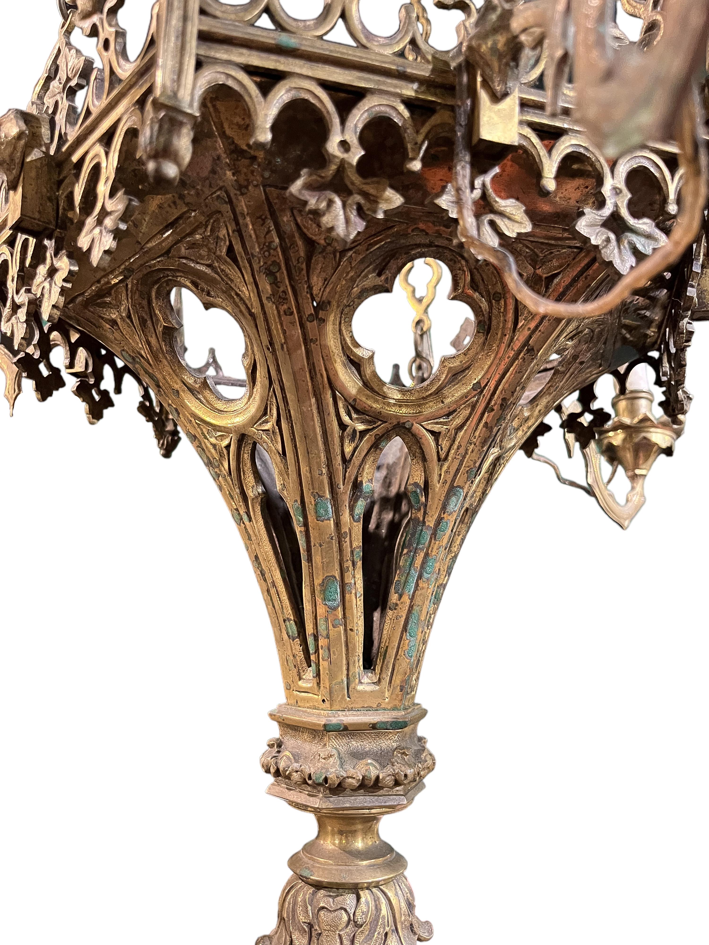 Cast Elegant Gothic Revival Gilt Bronze Six Light Chandelier For Sale