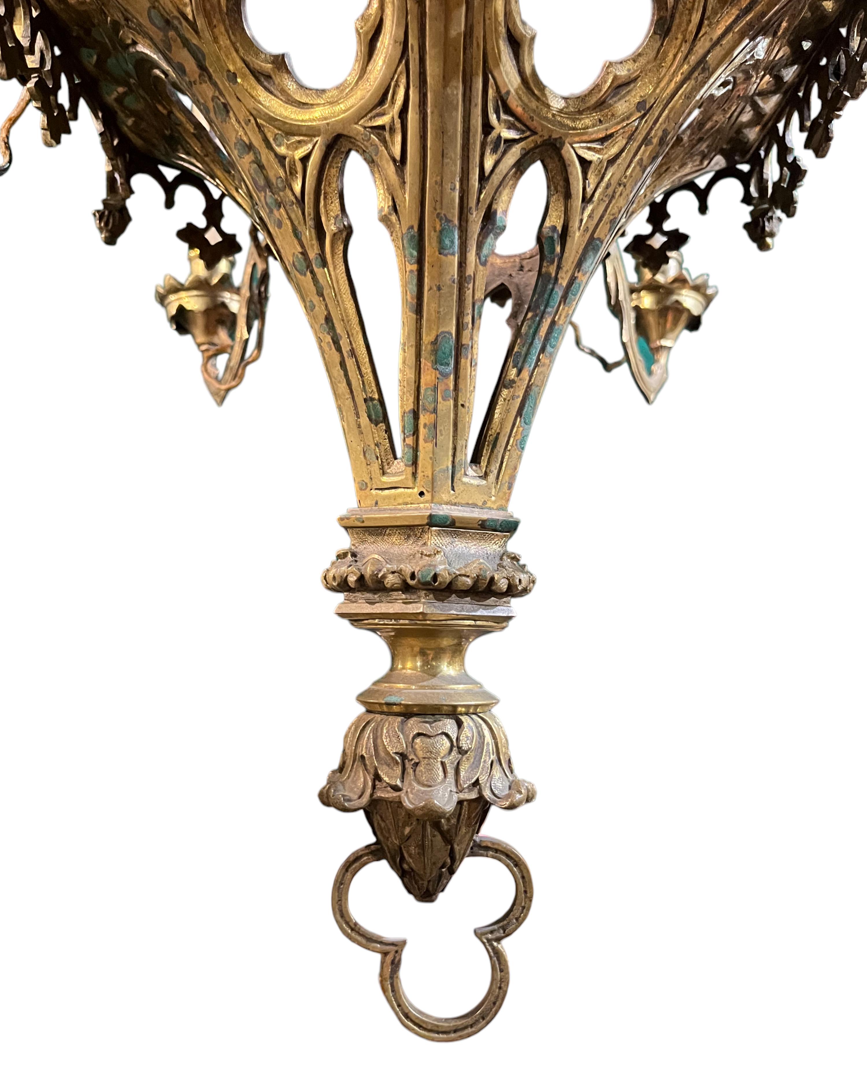 Elegant Gothic Revival Gilt Bronze Six Light Chandelier In Fair Condition For Sale In New York, NY