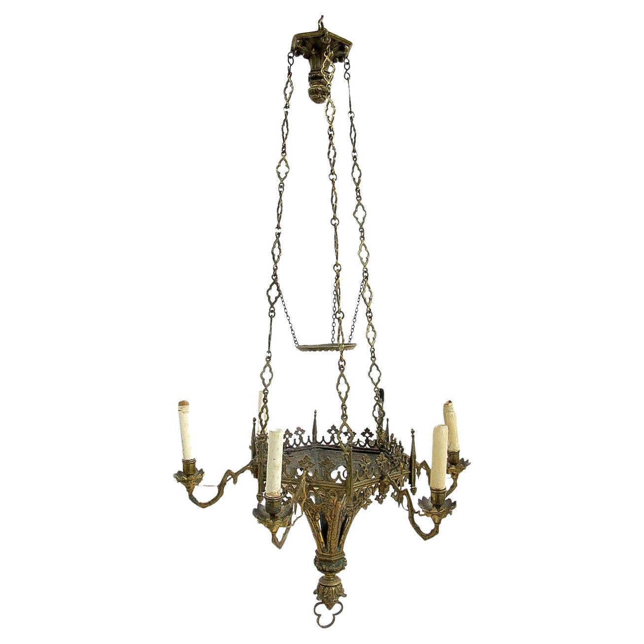 Elegant Gothic Revival Gilt Bronze Six Light Chandelier For Sale