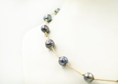 Elegant Gray Pearl Yellow Gold Bar with Bead Link Necklace