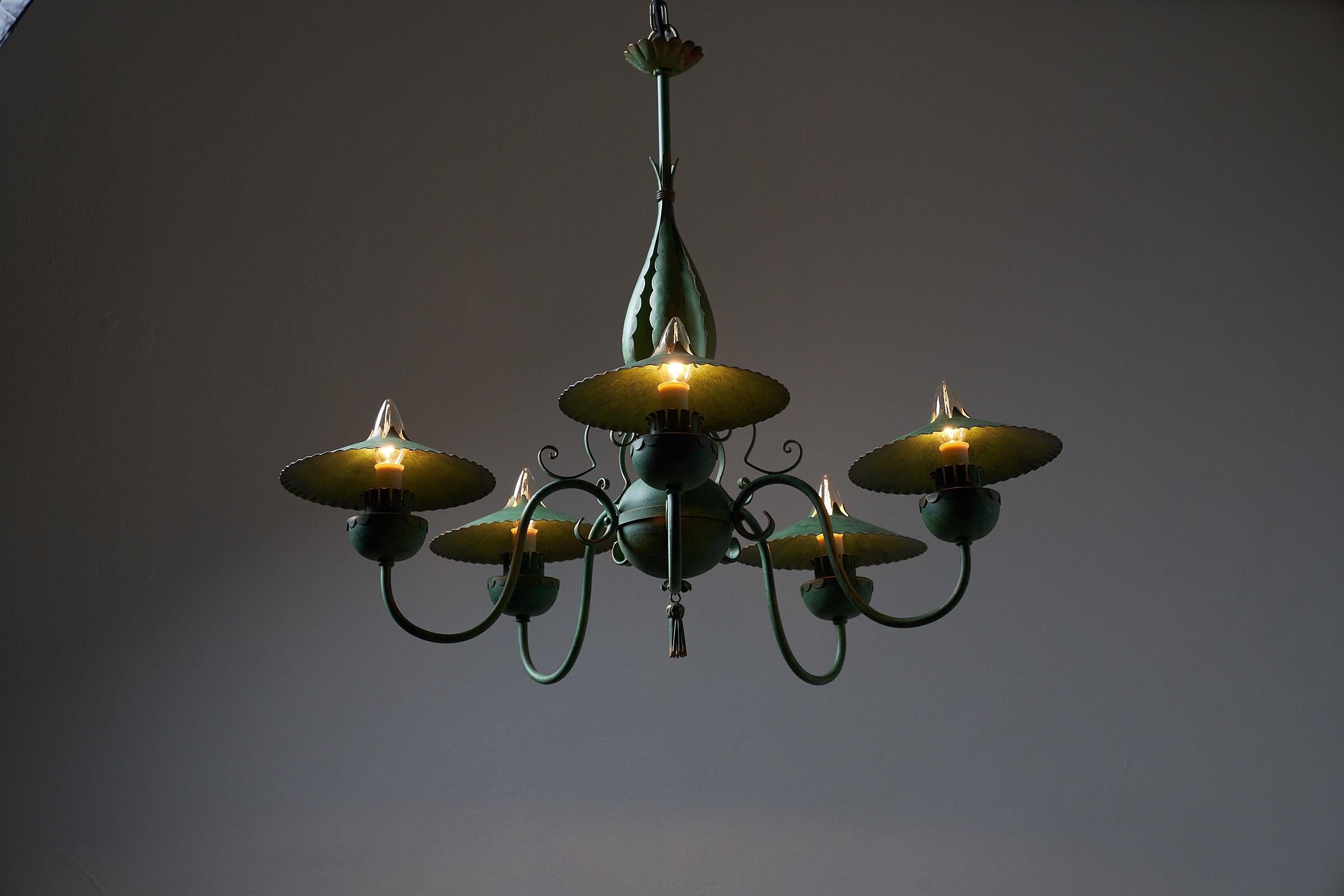 Metal Elegant Green Chandelier with Shades Italy For Sale