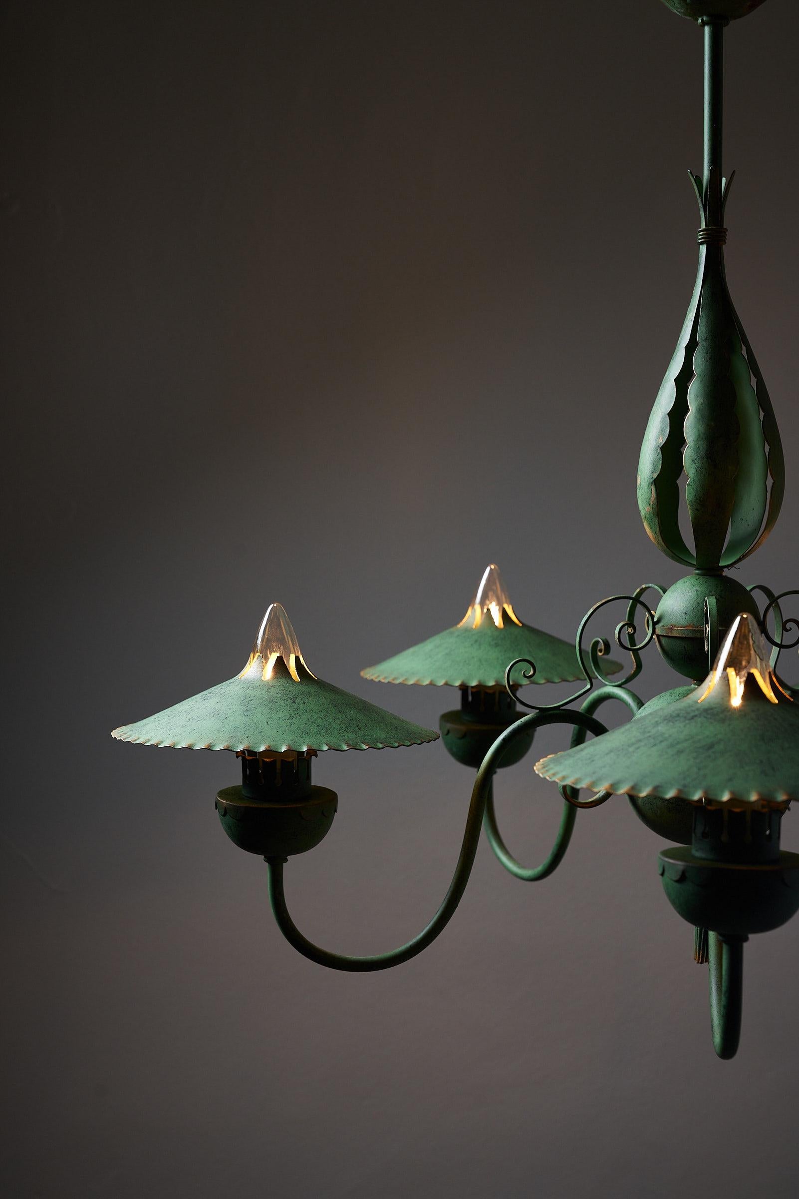 Metal Elegant Green Chandelier with Shades Italy For Sale