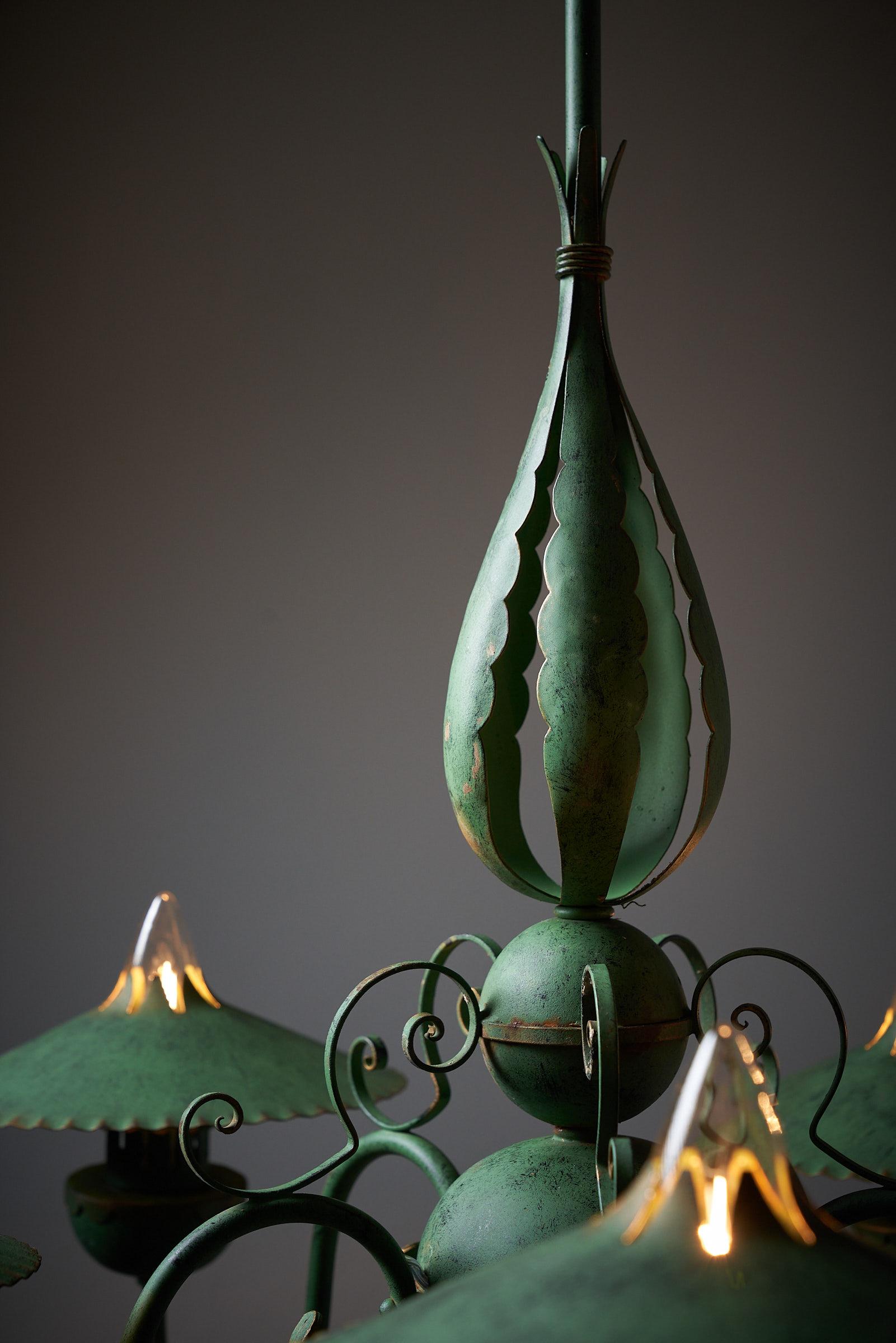 Elegant Green Chandelier with Shades Italy For Sale 1