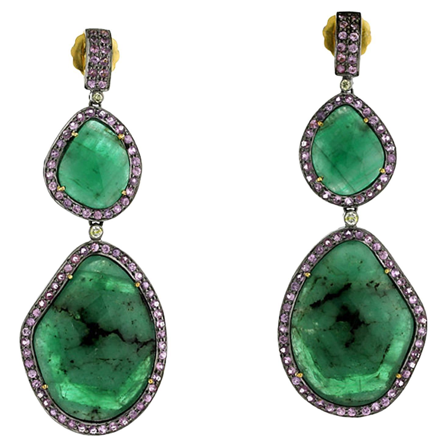 Elegant Green Natural 45.2ct Emerald 
Pink Sapphire Double Drop Earrings in 18k For Sale