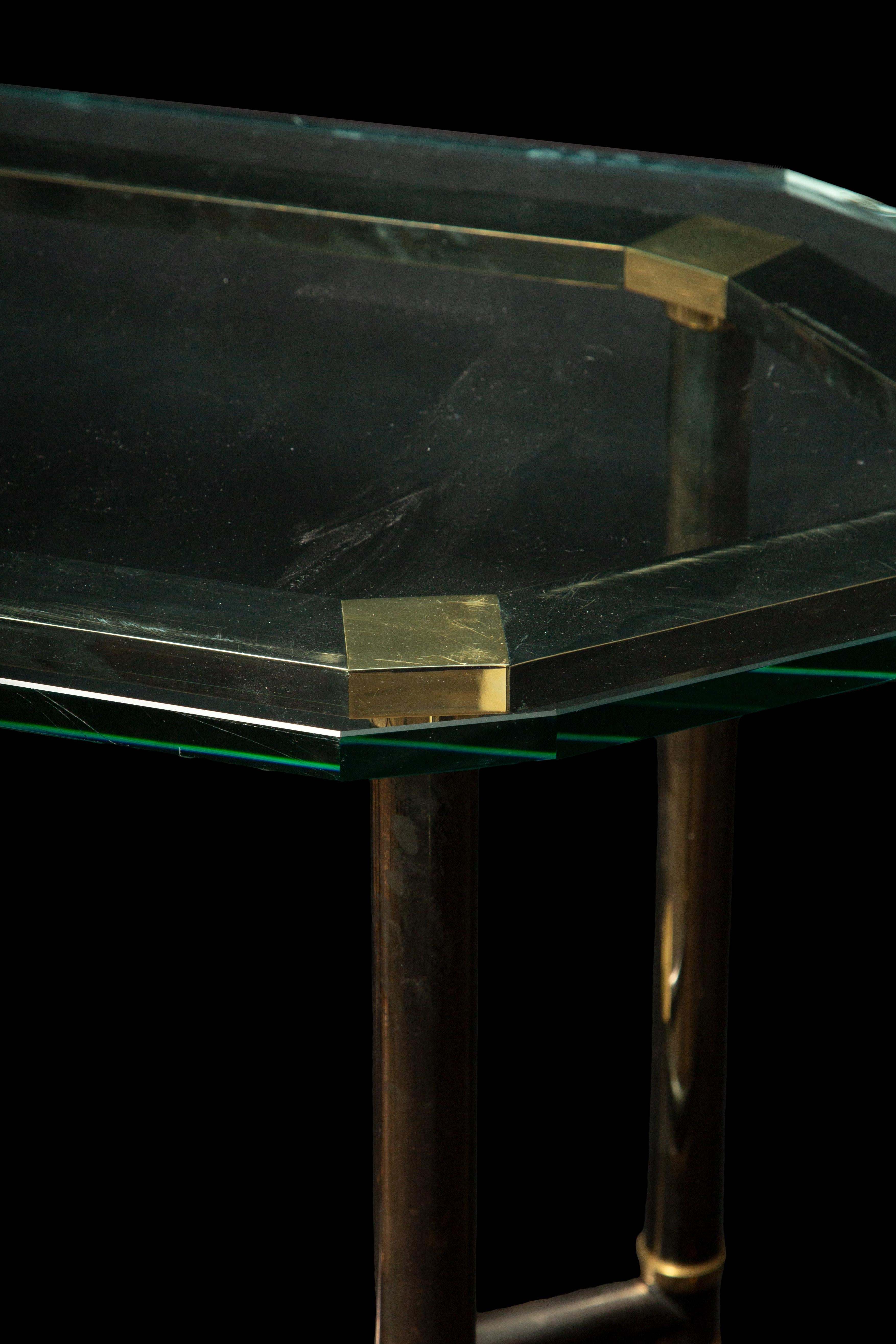 Elegant Gunmetal and Brass Center Table by Karl Springer w/ Glass Top In Good Condition For Sale In New York, NY
