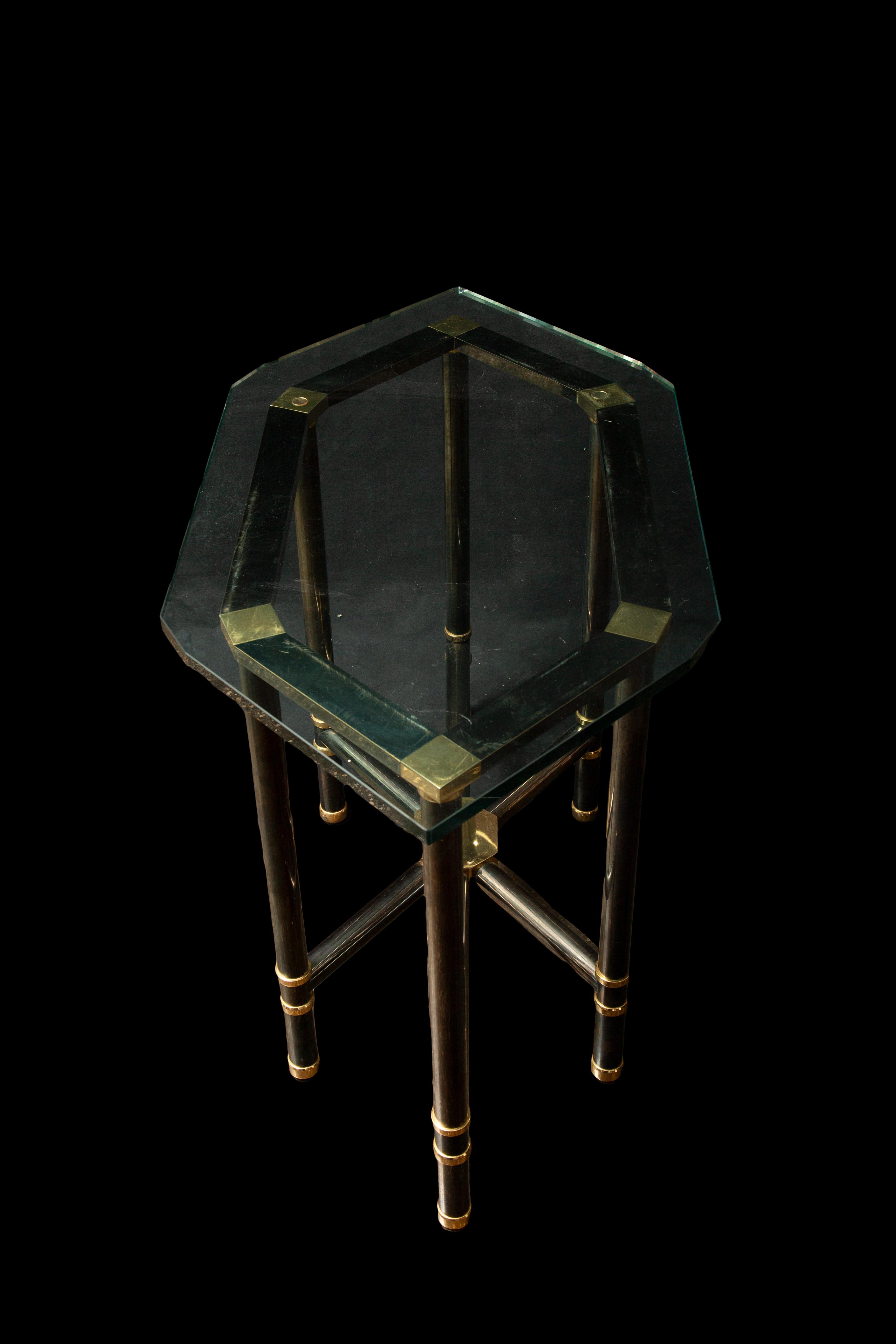 Elegant Gunmetal and Brass Center Table by Karl Springer w/ Glass Top For Sale 3