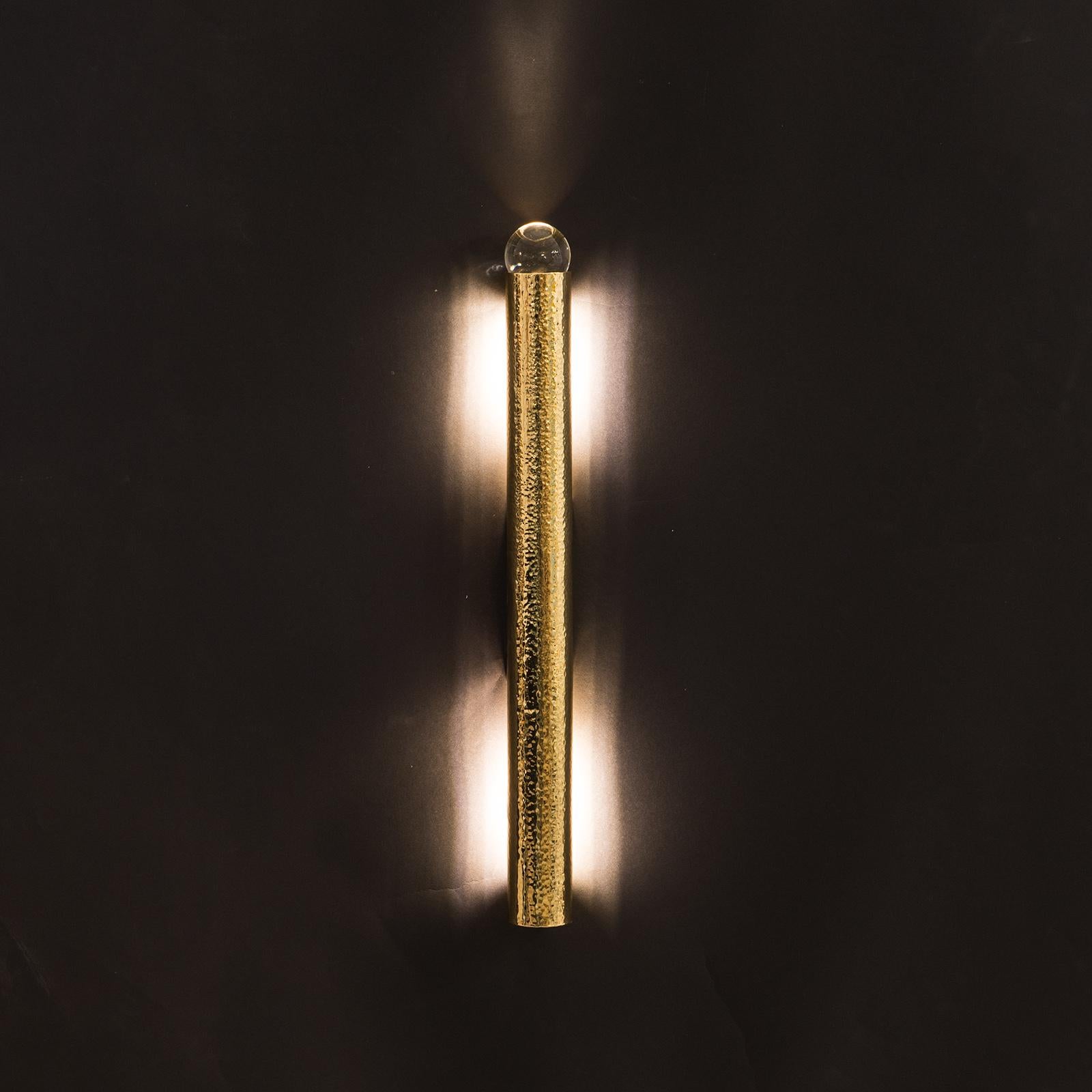 Modern Elegant Hammered Brass, Tube Wall Light with a Crystal-Ball For Sale