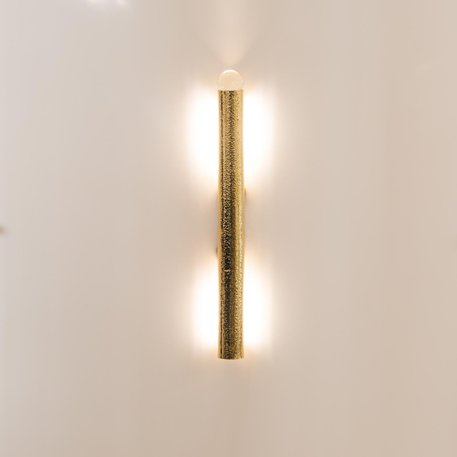 Hand-Crafted Elegant Hammered Brass, Tube Wall Light with a Crystal-Ball For Sale