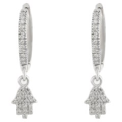 Elegant Hamsa Drop Diamond Huggie Hoop Earrings in 18k White Gold Gift for Her