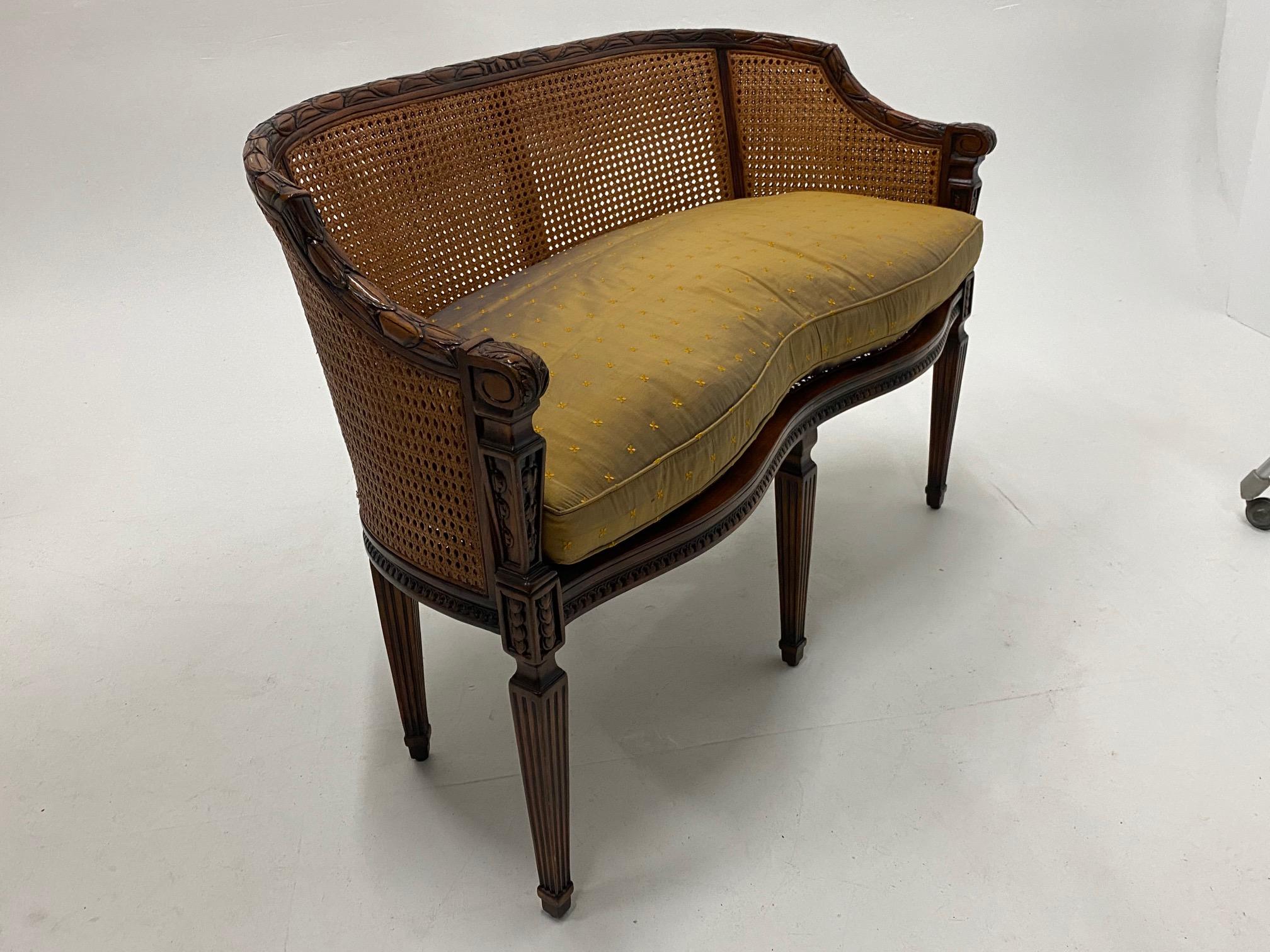 Louis XVI Elegant Hand Carved Mahogany & Caned Settee Loveseat with Silk Cushion