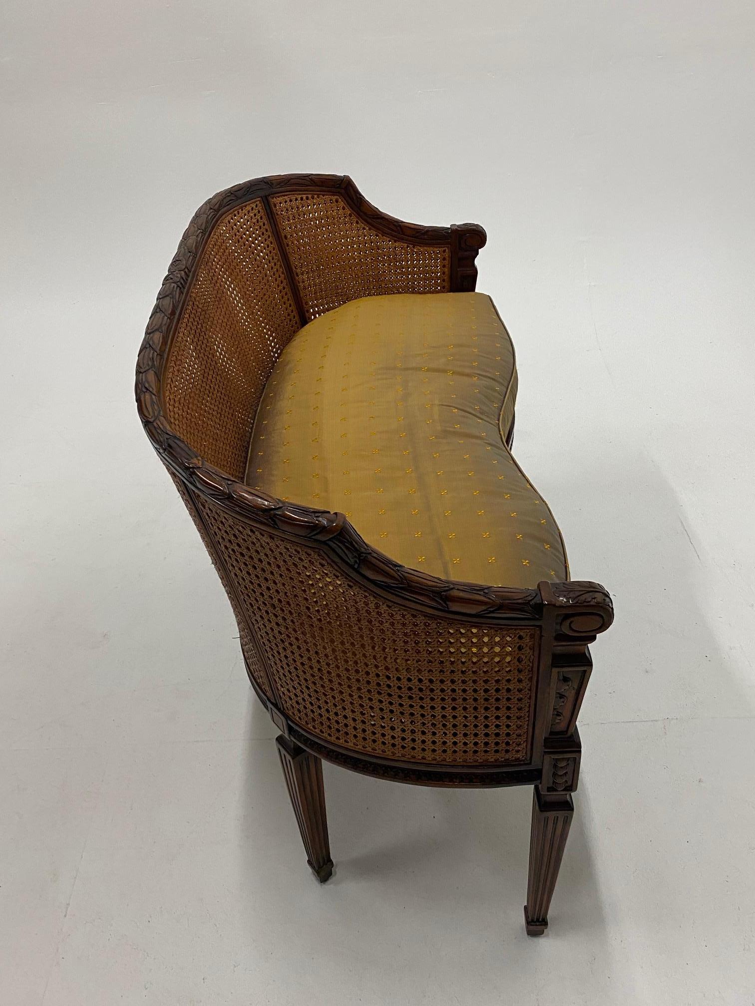 French Elegant Hand Carved Mahogany & Caned Settee Loveseat with Silk Cushion