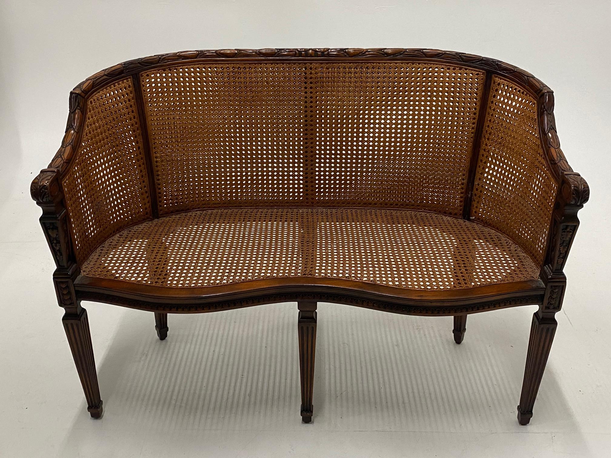 Elegant Hand Carved Mahogany & Caned Settee Loveseat with Silk Cushion In Good Condition In Hopewell, NJ