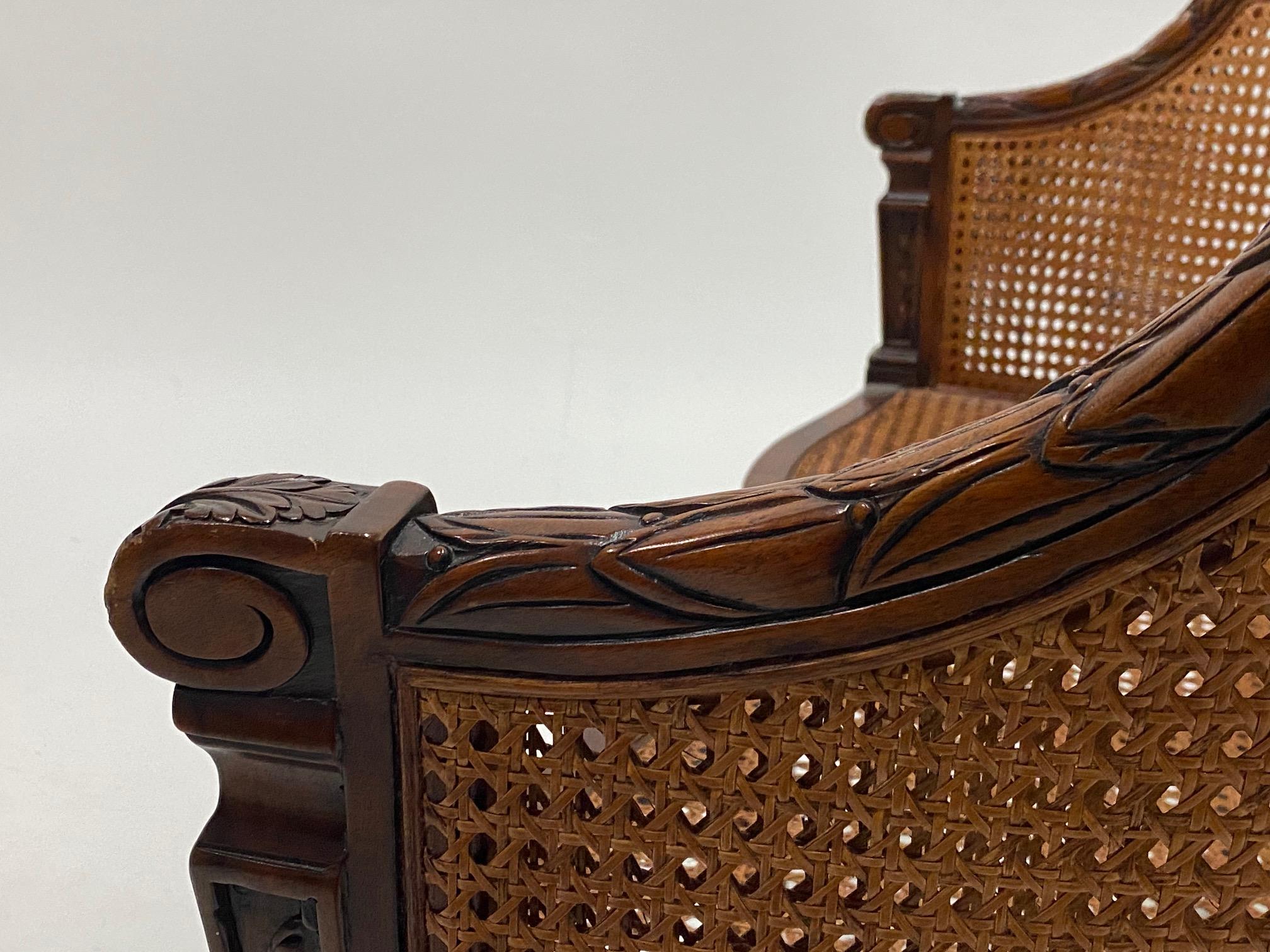 Elegant Hand Carved Mahogany & Caned Settee Loveseat with Silk Cushion 3