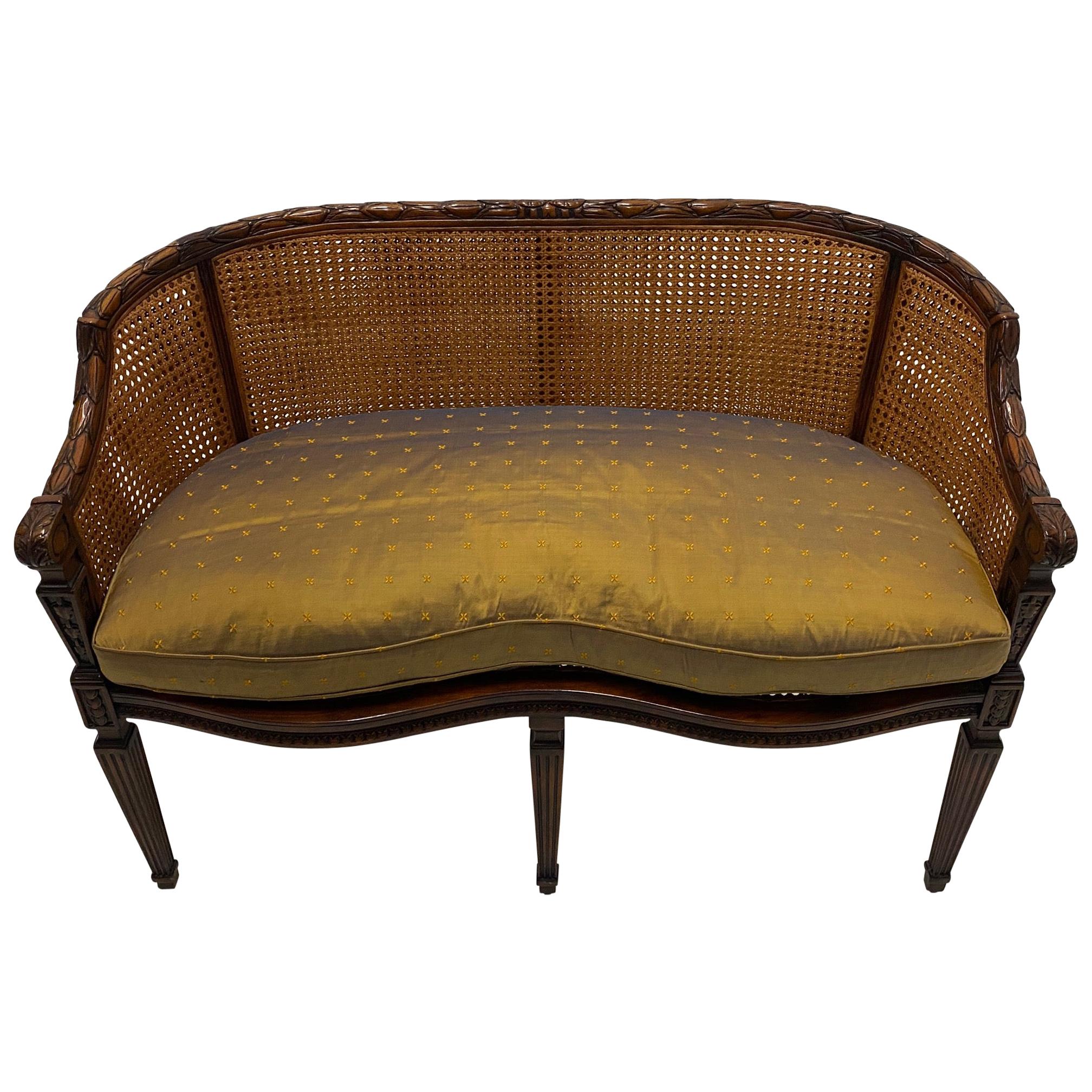 Elegant Hand Carved Mahogany & Caned Settee Loveseat with Silk Cushion