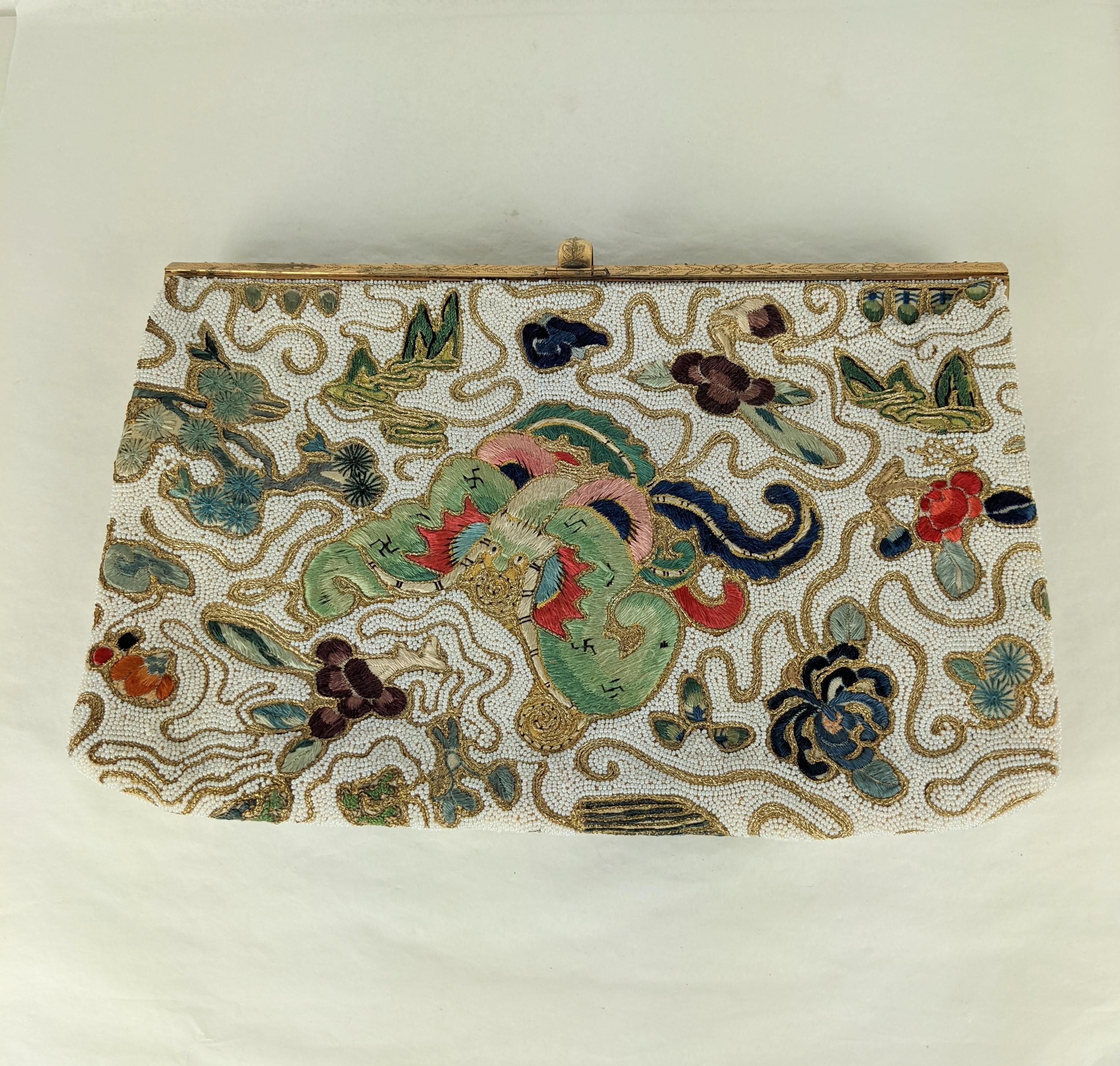 Brown Elegant Hand Embroidered and Beaded Chinoiserie Clutch For Sale