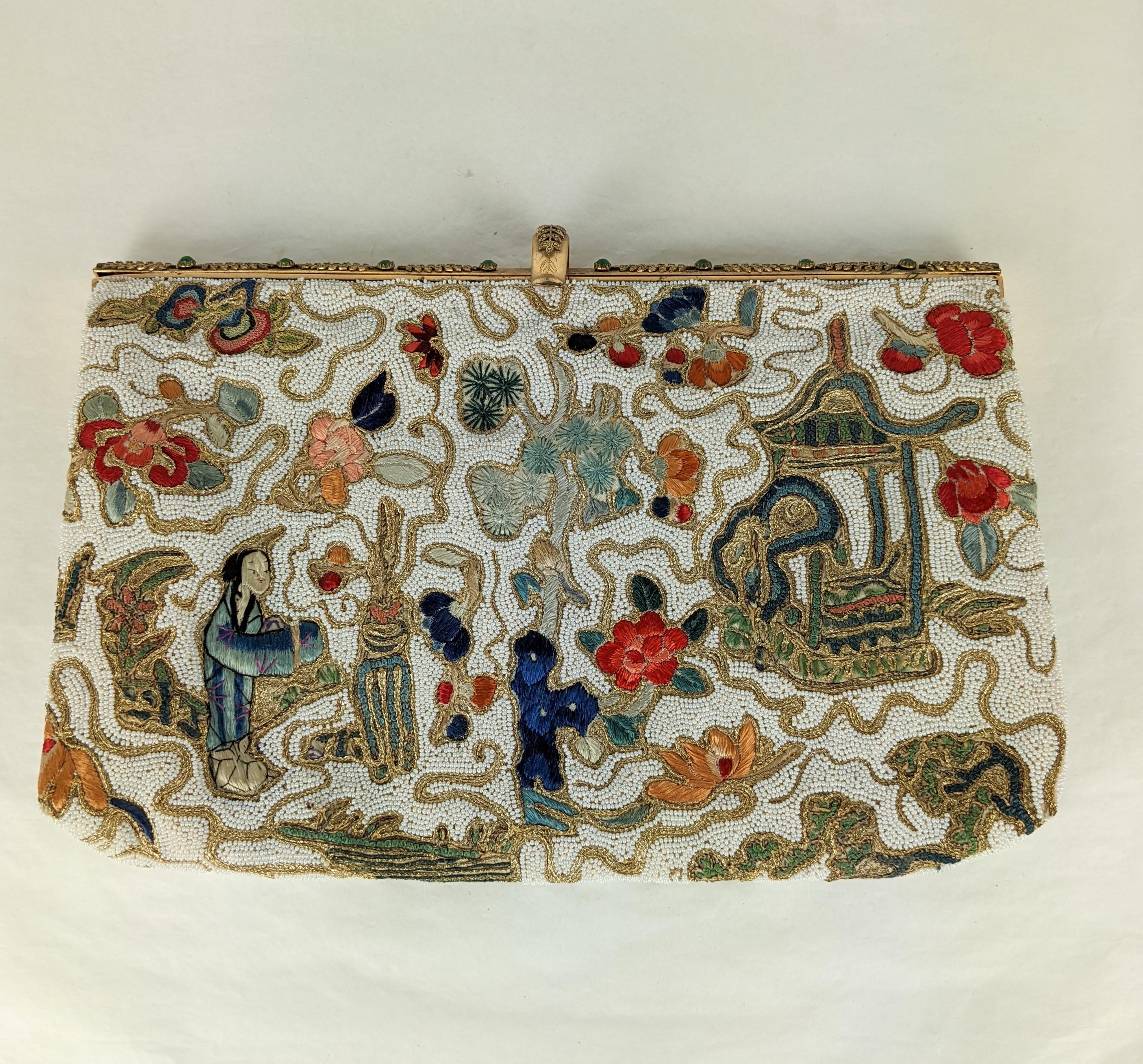Elegant Hand Embroidered and Beaded Chinoiserie Clutch In Excellent Condition For Sale In New York, NY