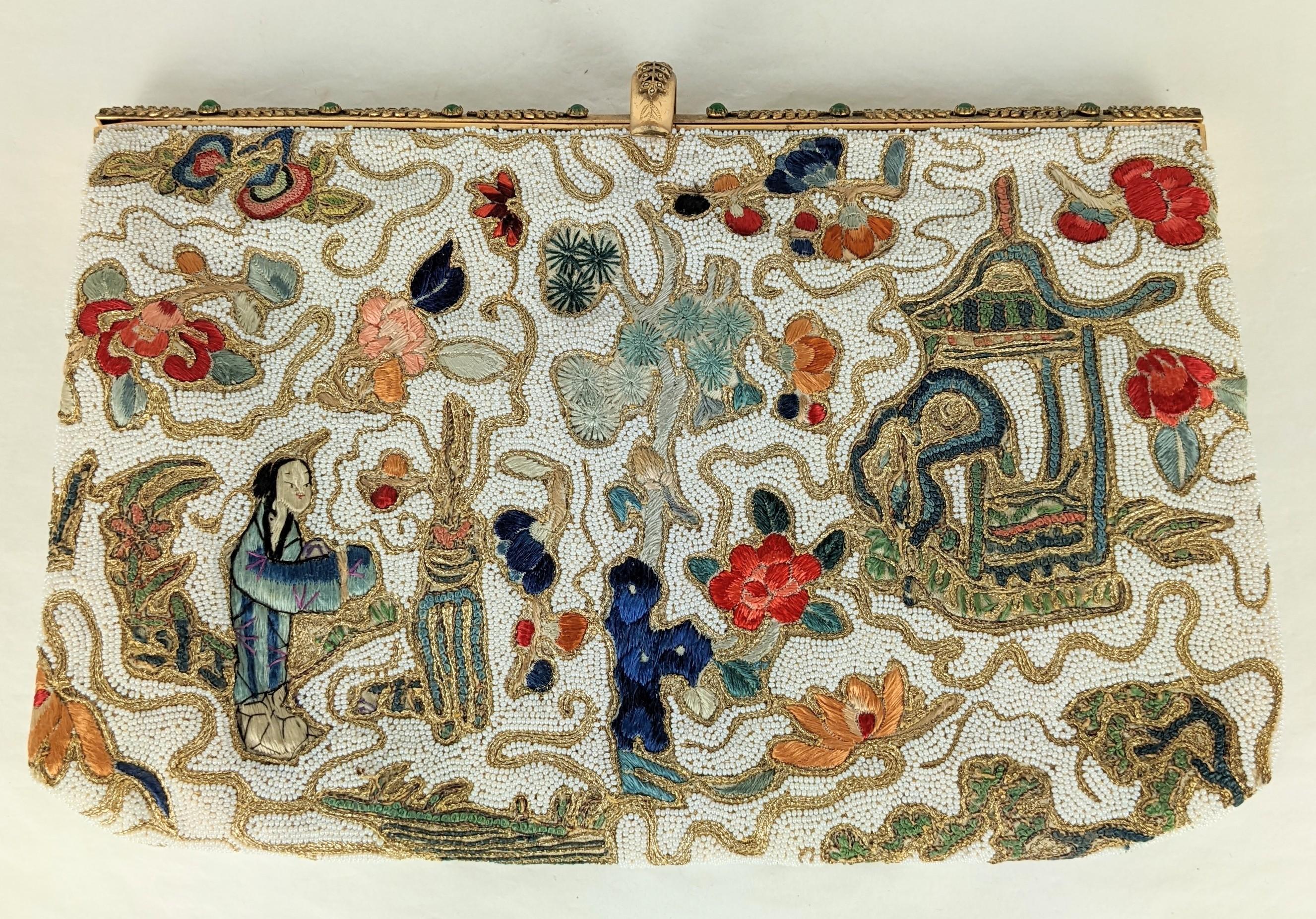 Elegant Hand Embroidered and Beaded Chinoiserie Clutch For Sale 1