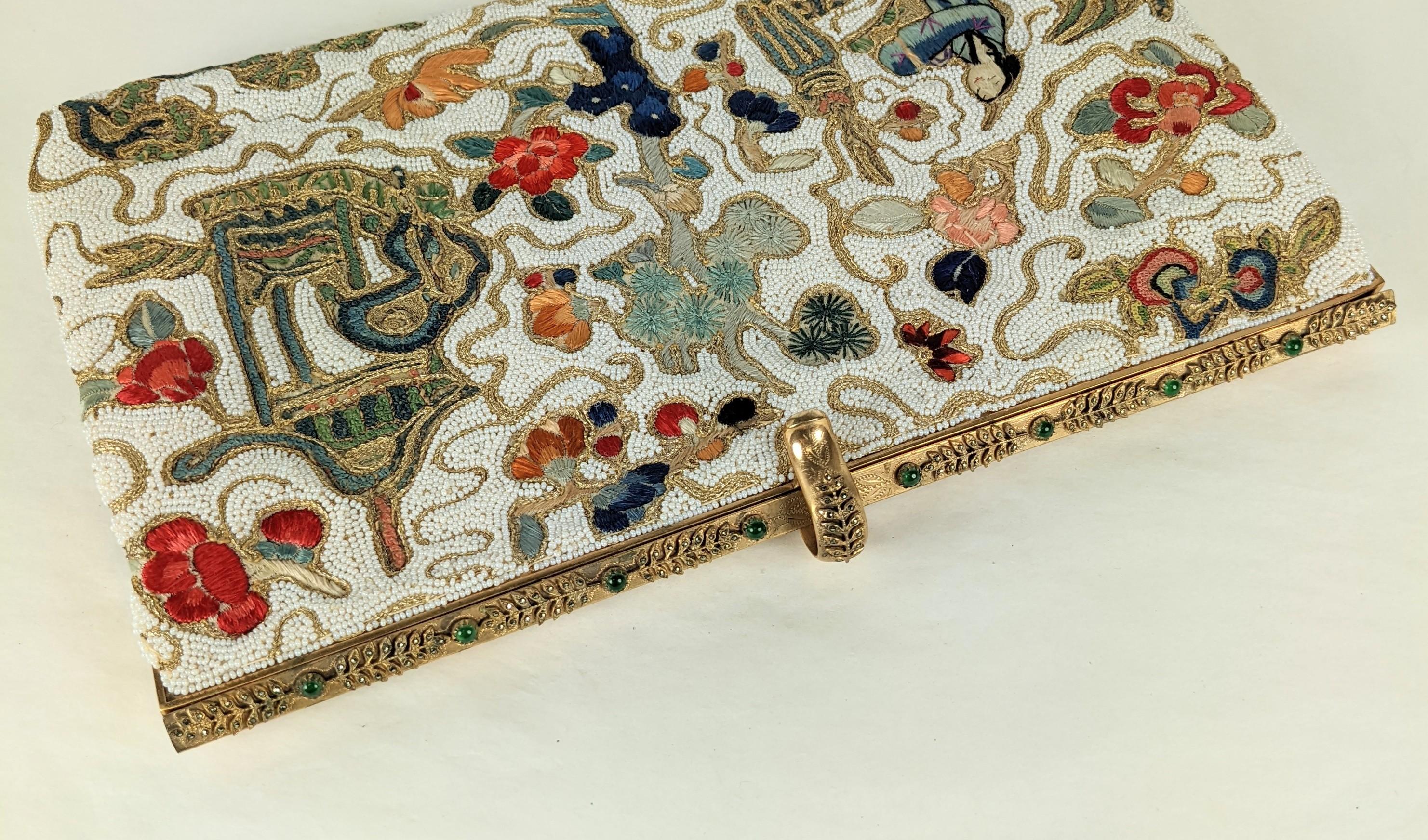 Elegant Hand Embroidered and Beaded Chinoiserie Clutch For Sale 3
