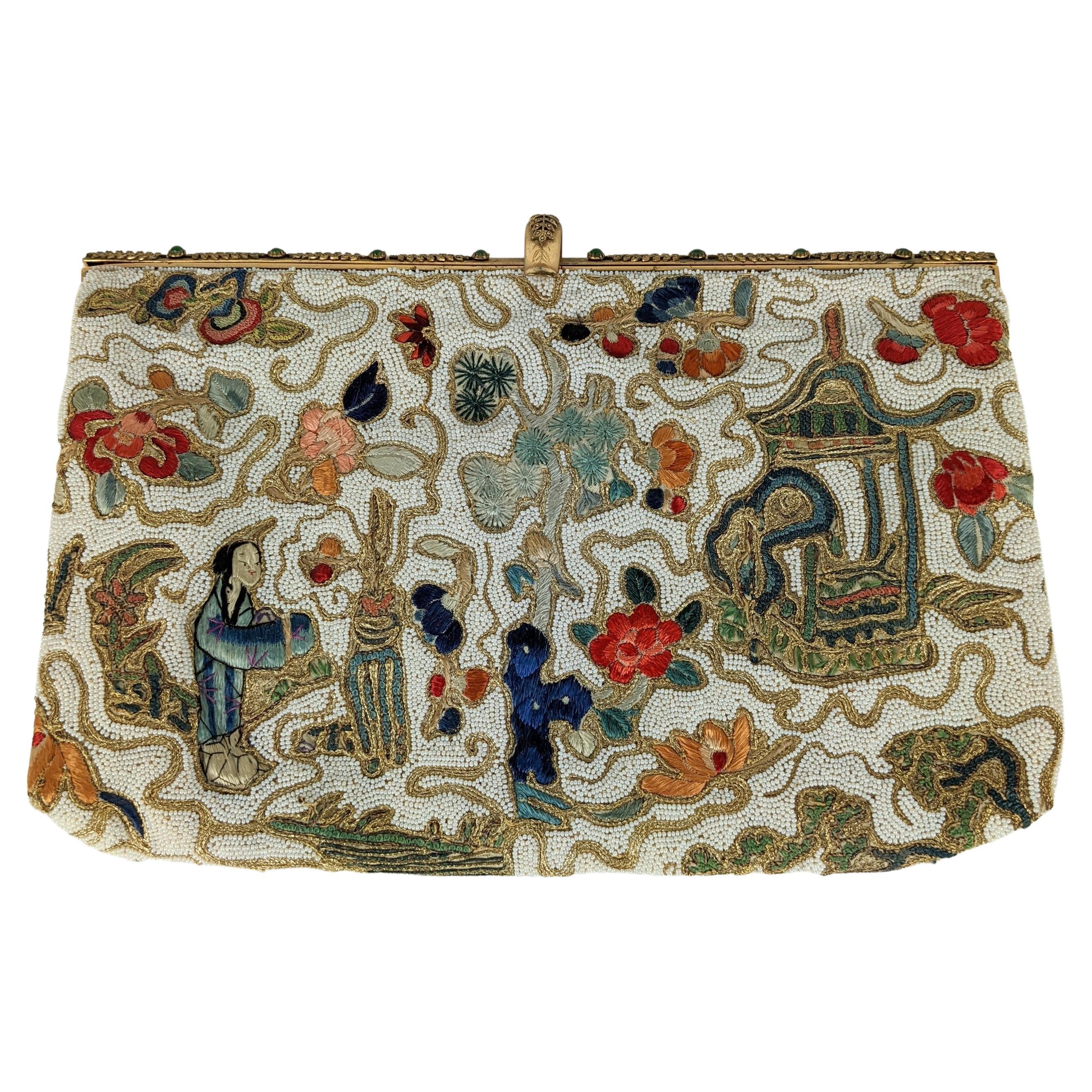 Elegant Hand Embroidered and Beaded Chinoiserie Clutch For Sale