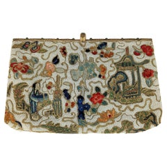 Vintage Elegant Hand Embroidered and Beaded Chinoiserie Clutch