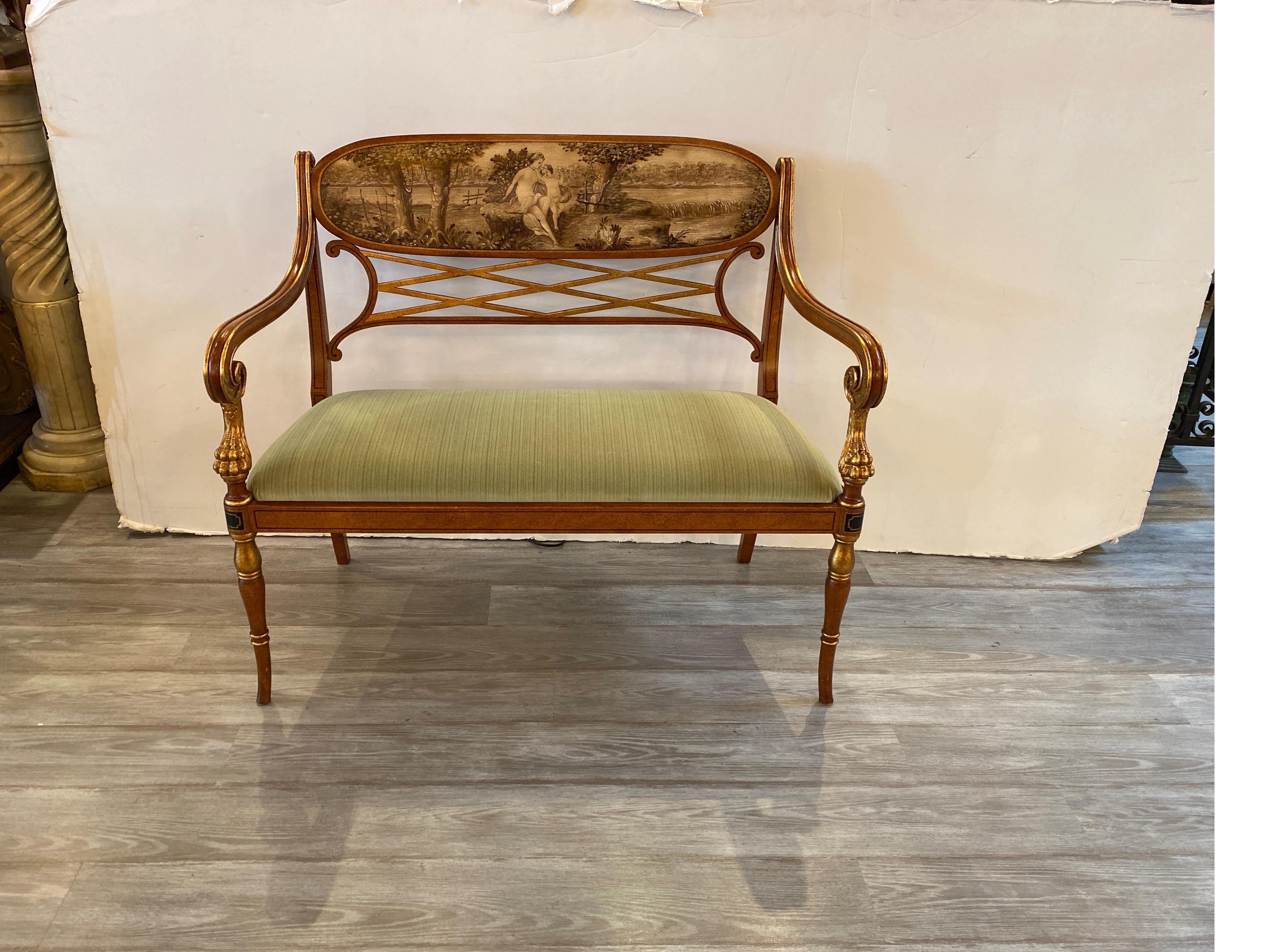 Neoclassical Elegant Hand Painted Continental Settee with Gilt Decoration For Sale