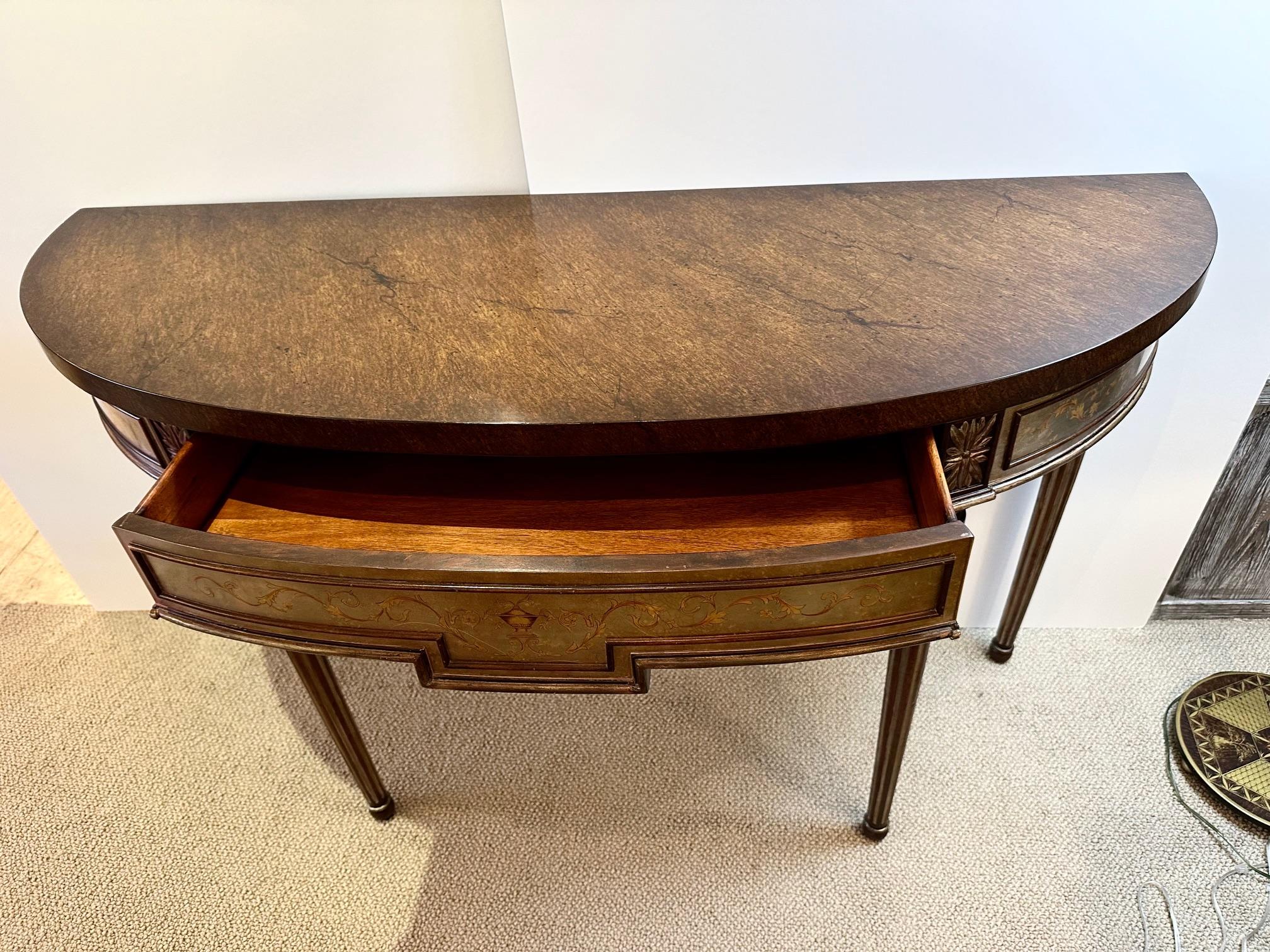 Philippine Elegant Hand Painted Demilune Console by Theodore Alexander For Sale