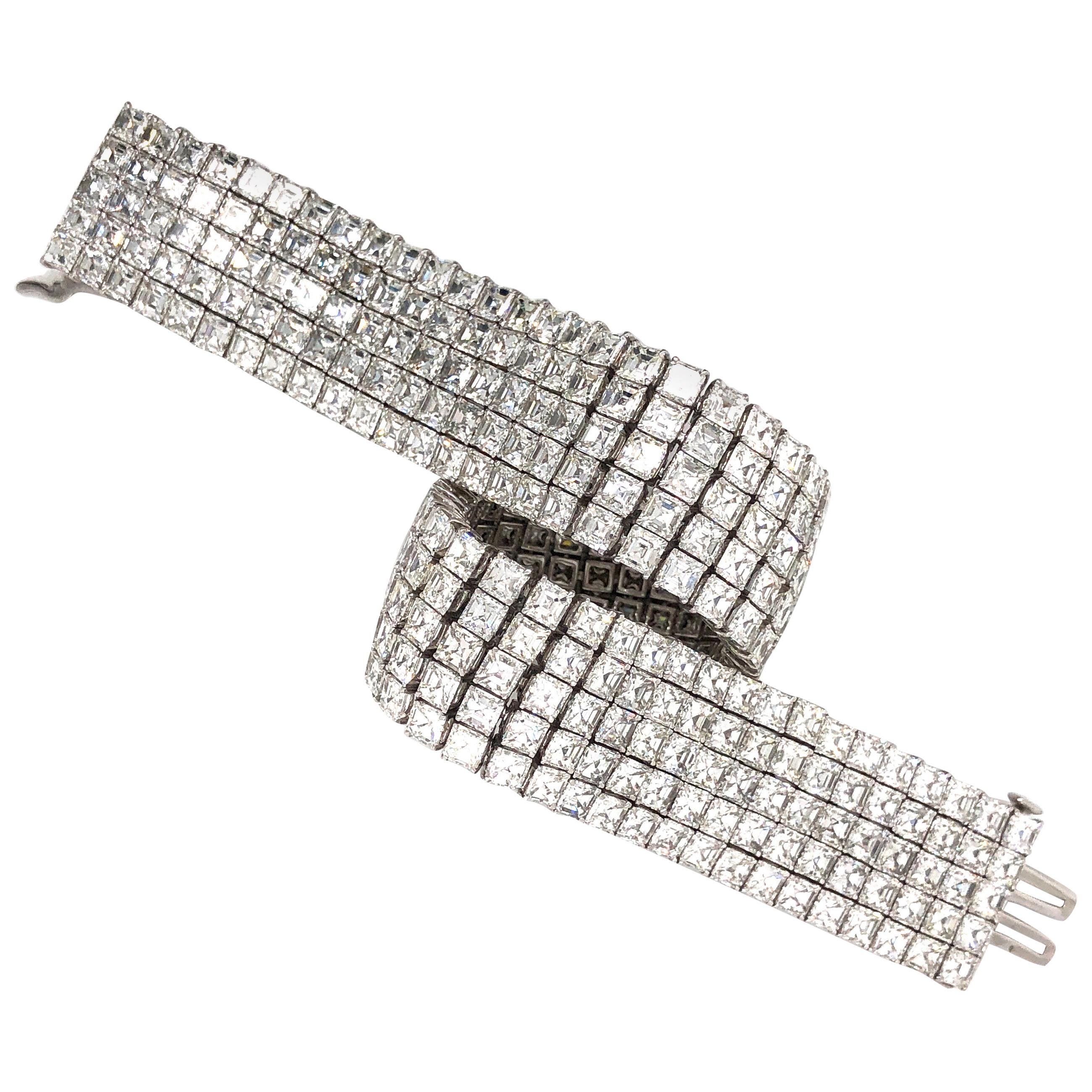 Elegant Handcrafted 5-Row Diamond Platinum Bracelet For Sale