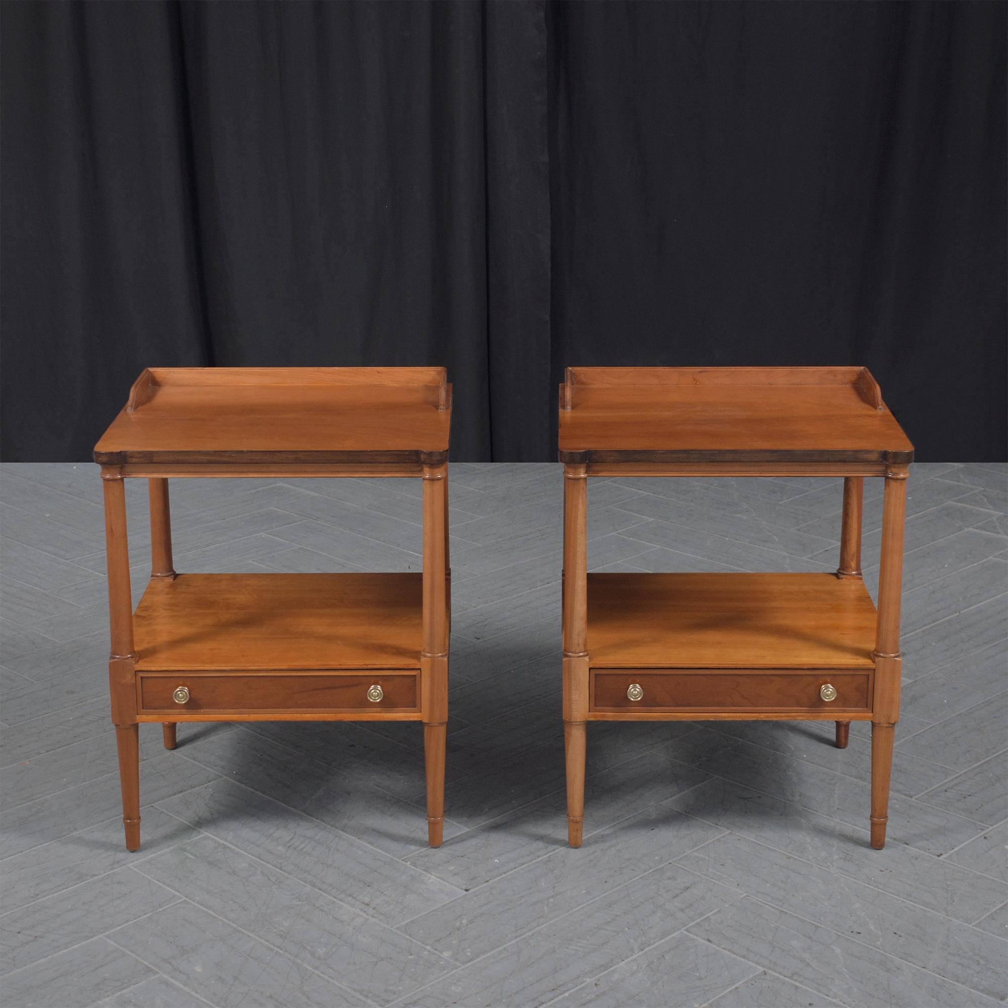 Mid-Century Modern Elegant Handcrafted Maple Bedside Tables with Brass Handles and Tapered Legs For Sale