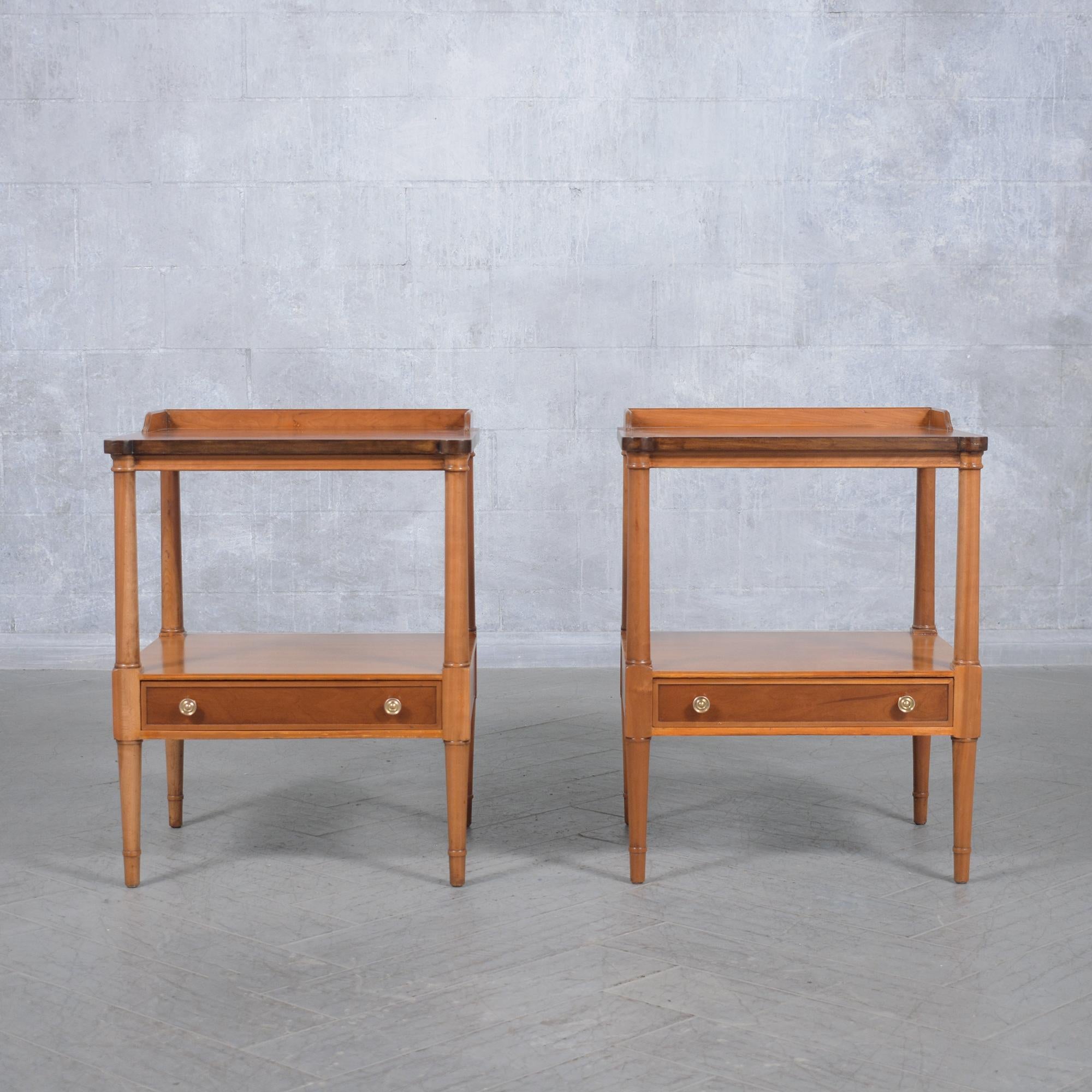 American Elegant Handcrafted Maple Bedside Tables with Brass Handles and Tapered Legs For Sale