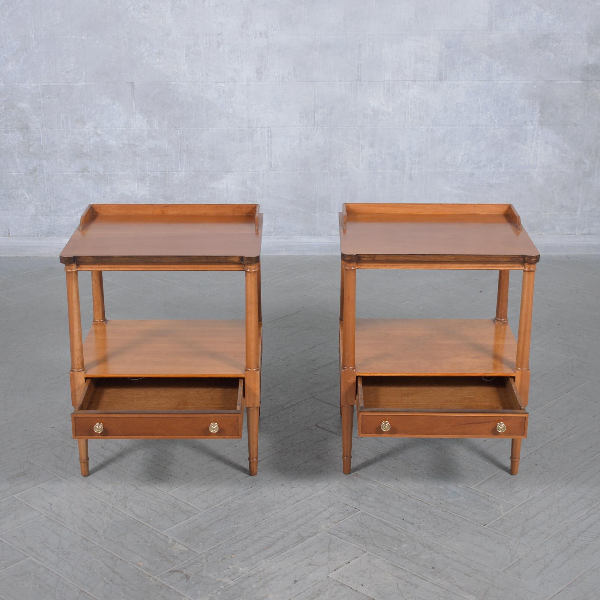 Polished Elegant Handcrafted Maple Bedside Tables with Brass Handles and Tapered Legs For Sale