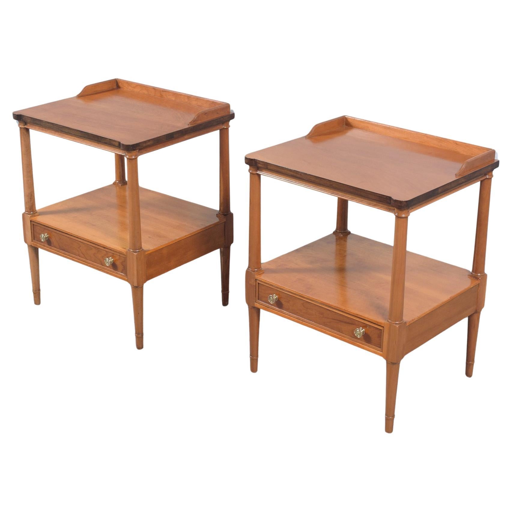 Elegant Handcrafted Maple Bedside Tables with Brass Handles and Tapered Legs For Sale