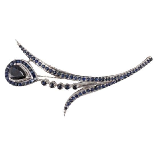 Natural Blue Sapphire Long Flower Brooch Pin in Sterling Silver For Sale