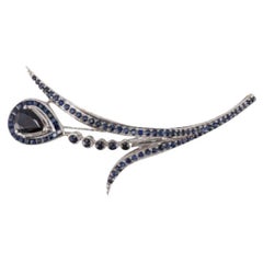 Natural Blue Sapphire Long Flower Brooch Pin in Sterling Silver