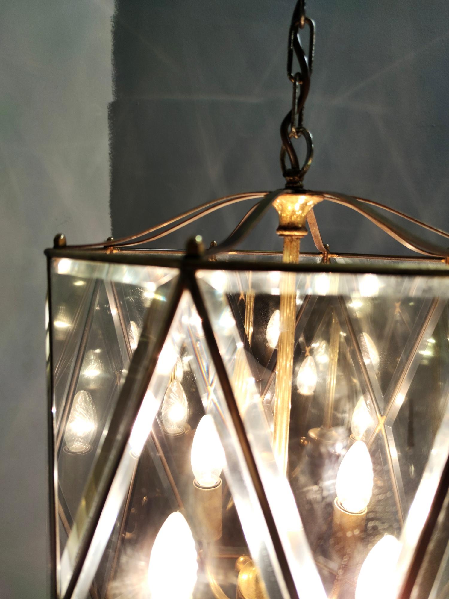 Elegant Handmande Octagonal Glass and Brass Pendant Lantern, Italy For Sale 4