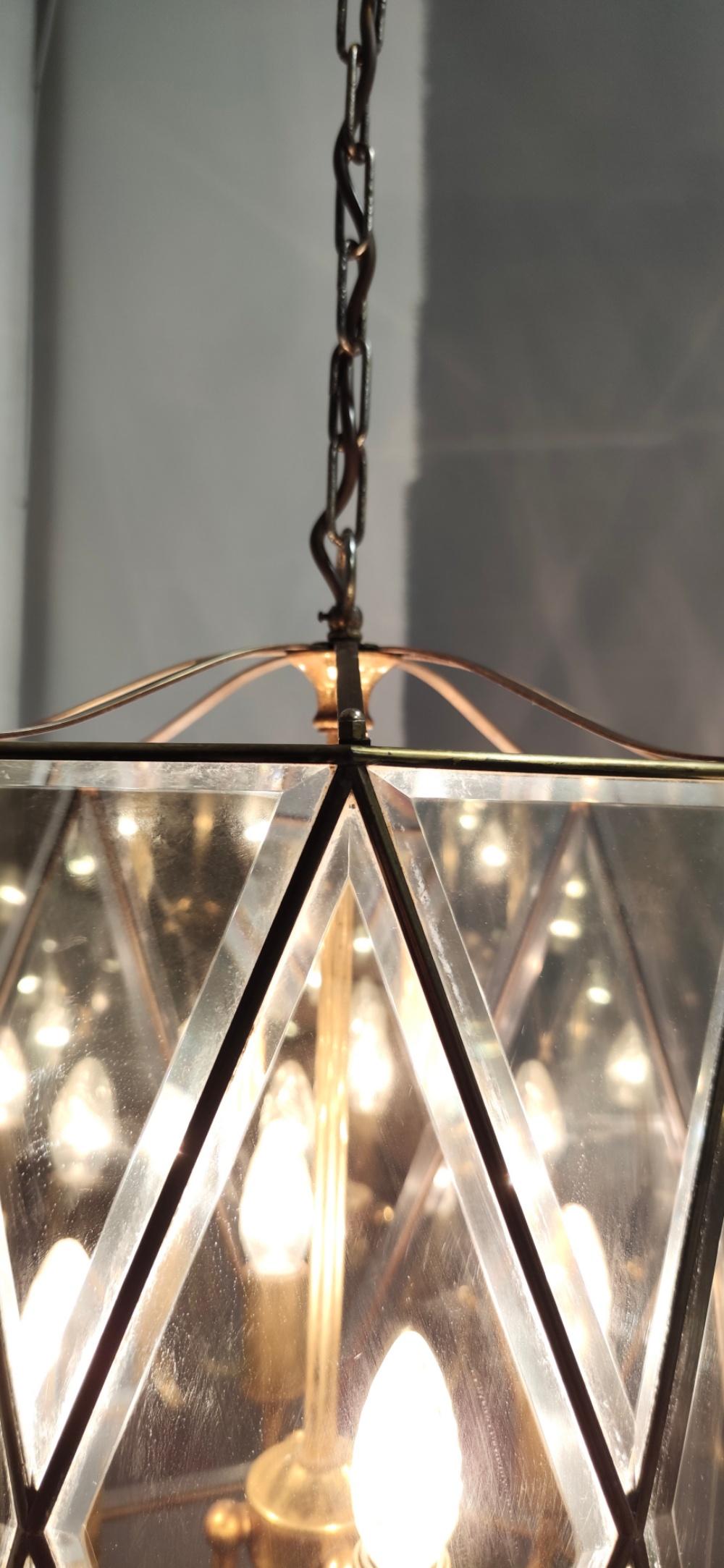Elegant Handmande Octagonal Glass and Brass Pendant Lantern, Italy For Sale 5