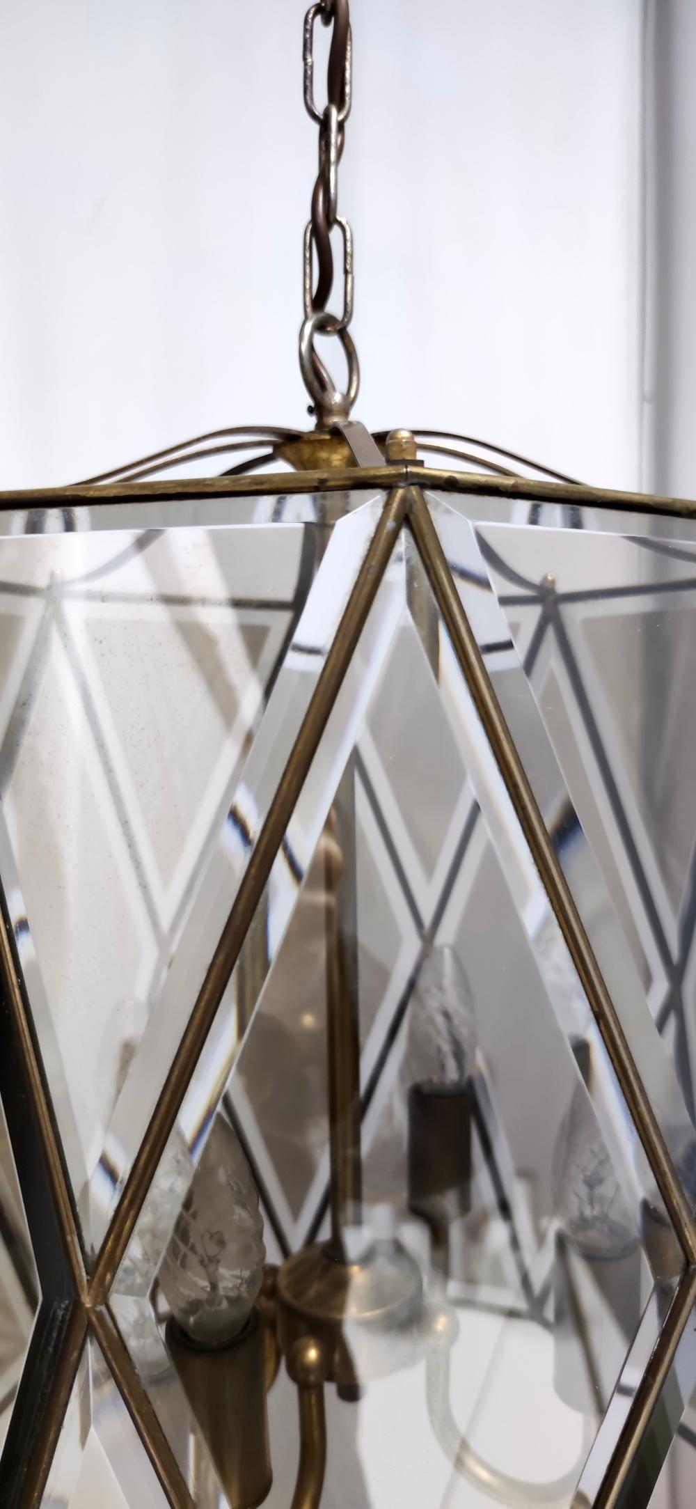 Elegant Handmande Octagonal Glass and Brass Pendant Lantern, Italy For Sale 6