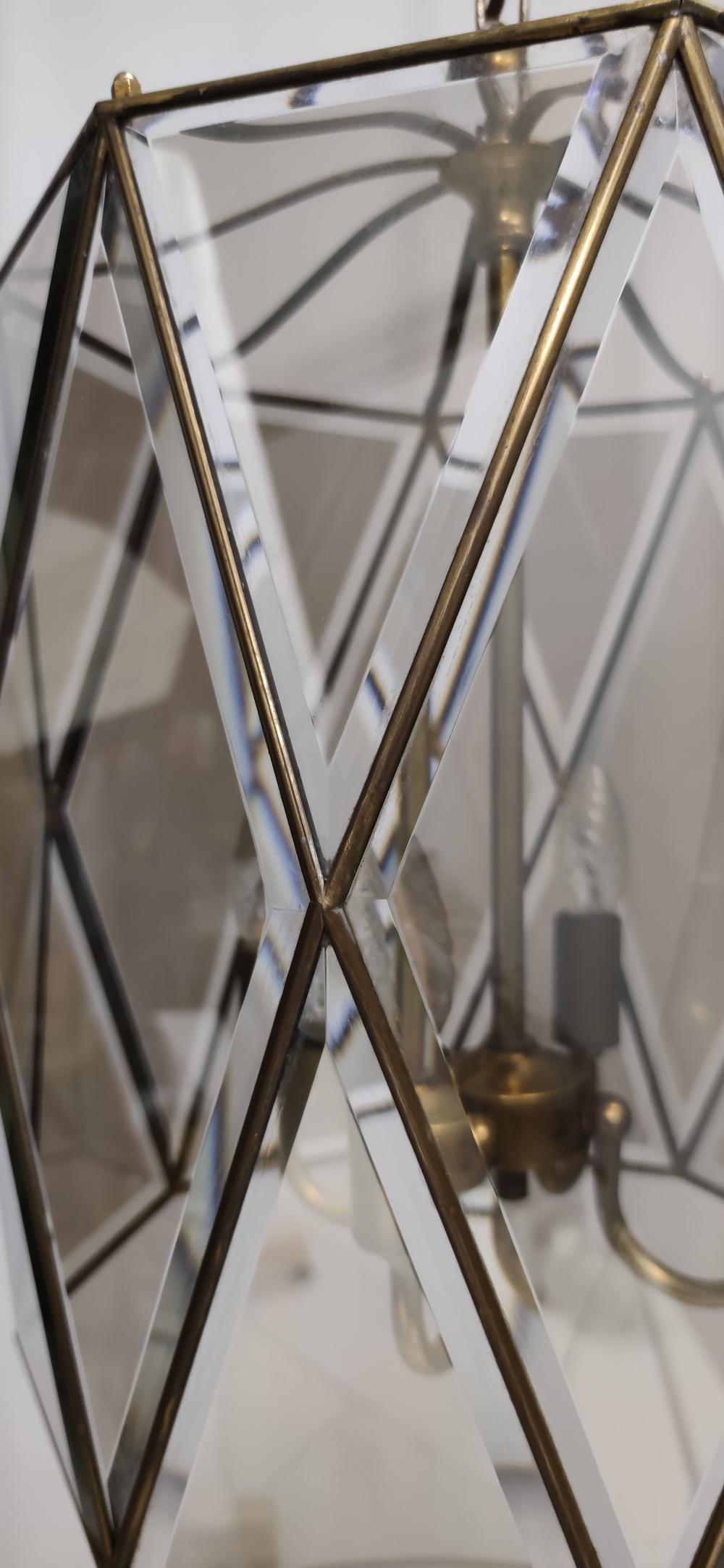 Elegant Handmande Octagonal Glass and Brass Pendant Lantern, Italy For Sale 7