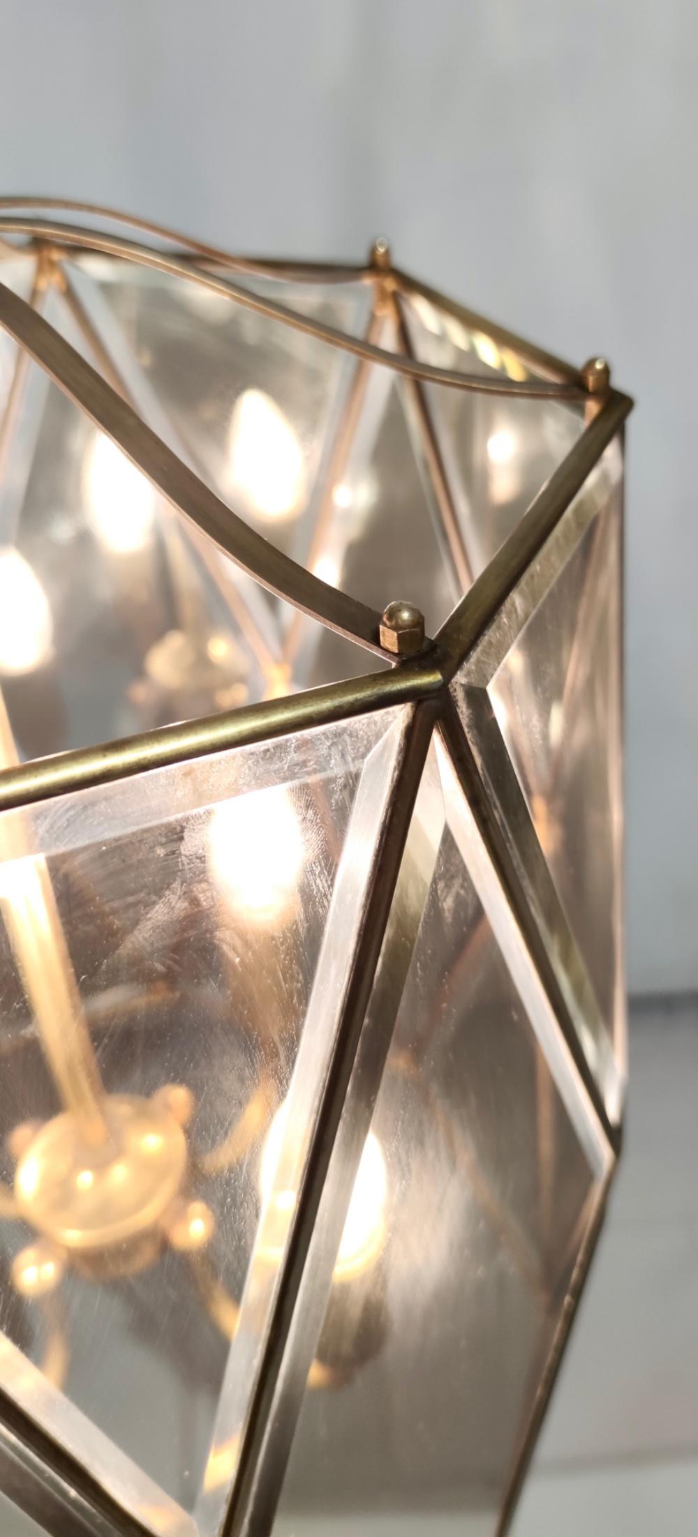 Elegant Handmande Octagonal Glass and Brass Pendant Lantern, Italy For Sale 9