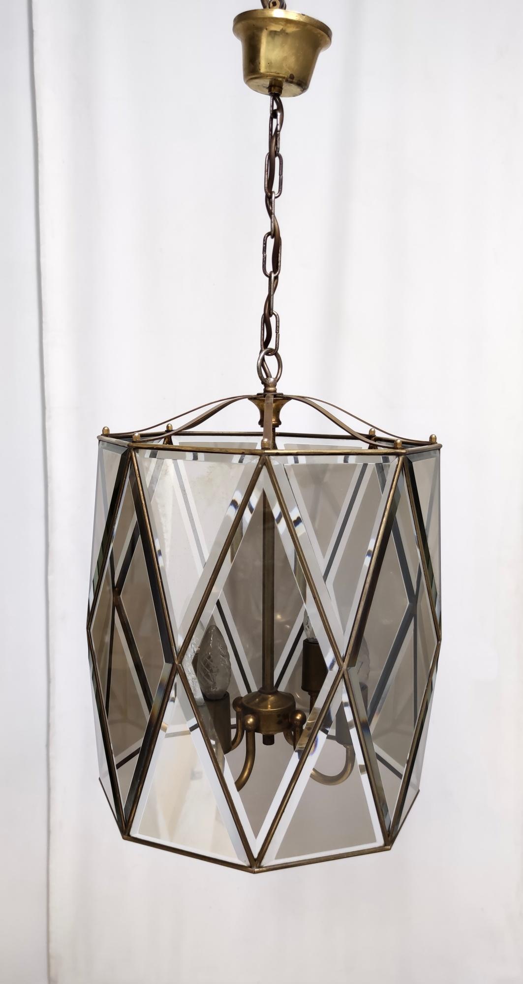 Italian Elegant Handmande Octagonal Glass and Brass Pendant Lantern, Italy For Sale