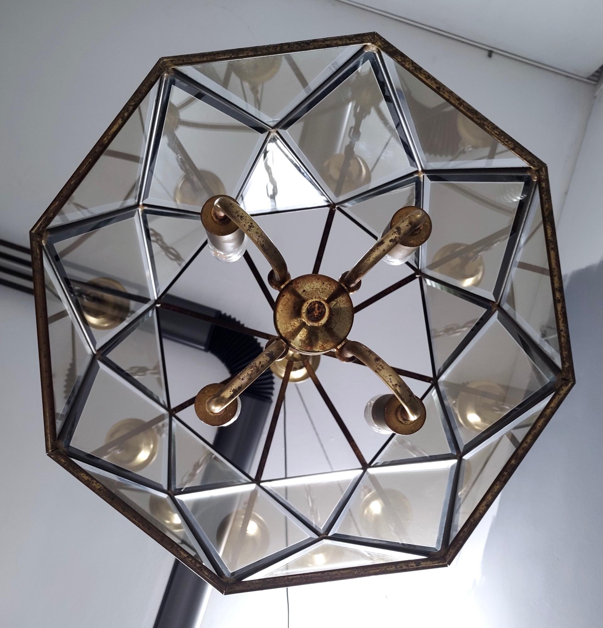 Elegant Handmande Octagonal Glass and Brass Pendant Lantern, Italy For Sale 2
