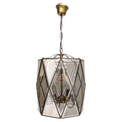Elegant Handmande Octagonal Glass and Brass Pendant Lantern, Italy
