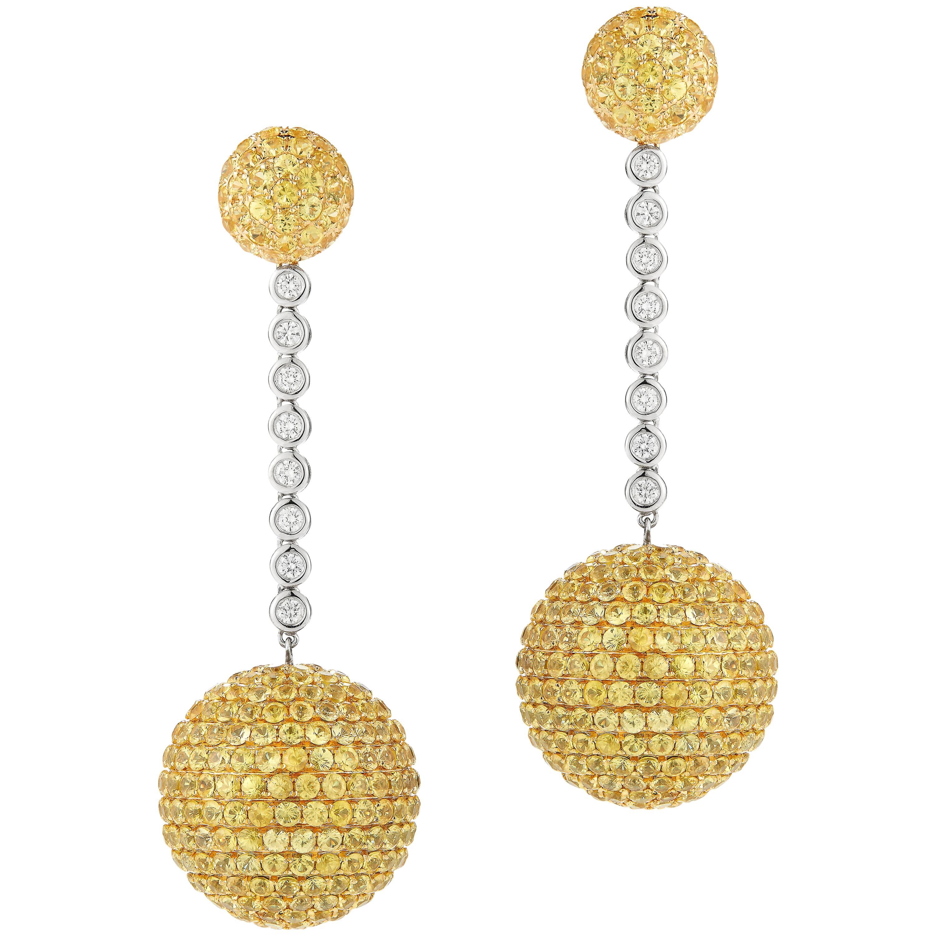 Elegant Hanging Earrings Set with Diamond and Yellow Sapphire
