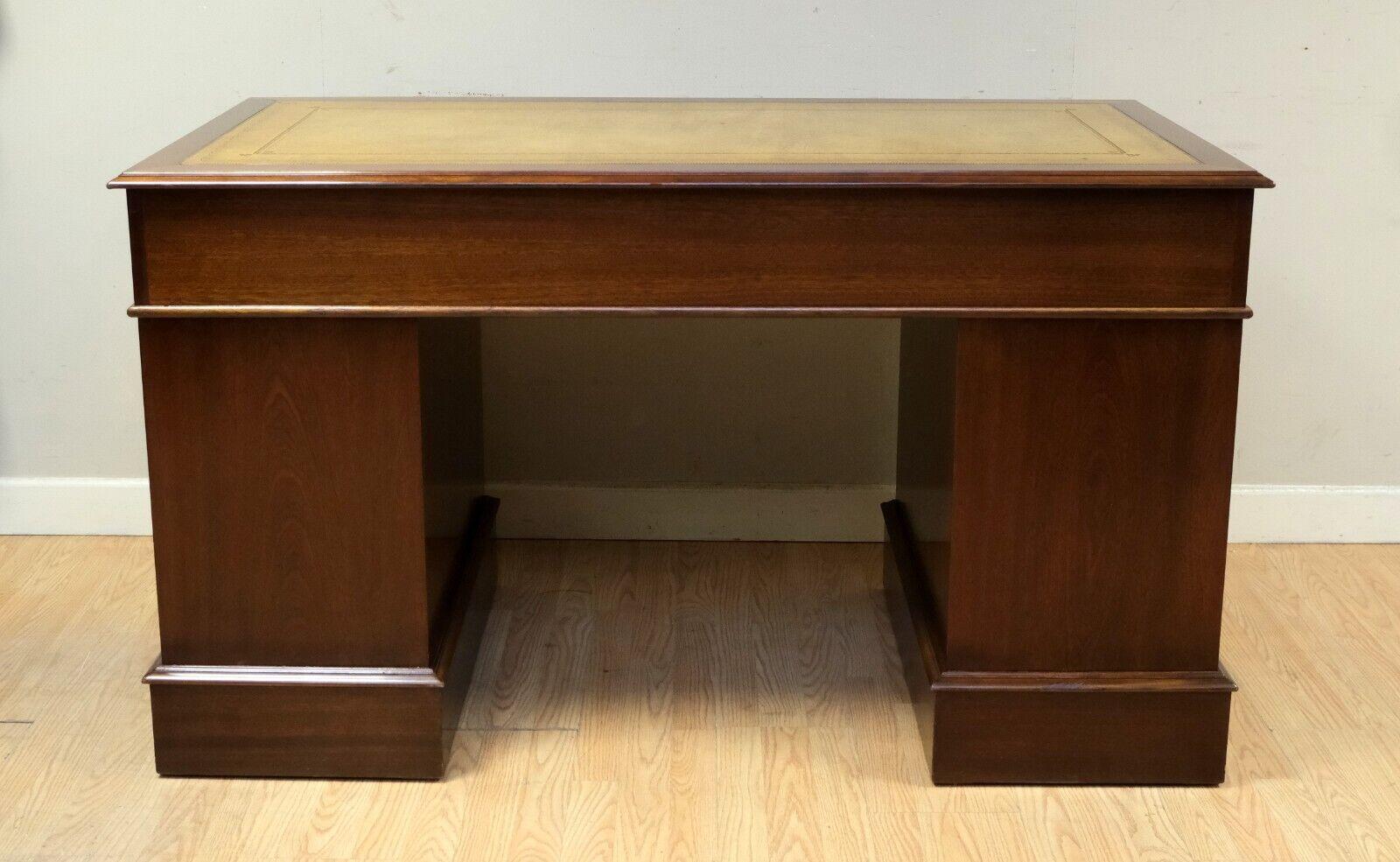 Elegant Hardwood Desk with Light Brown Leather Desk Top & Gold Leaf Tooling 6