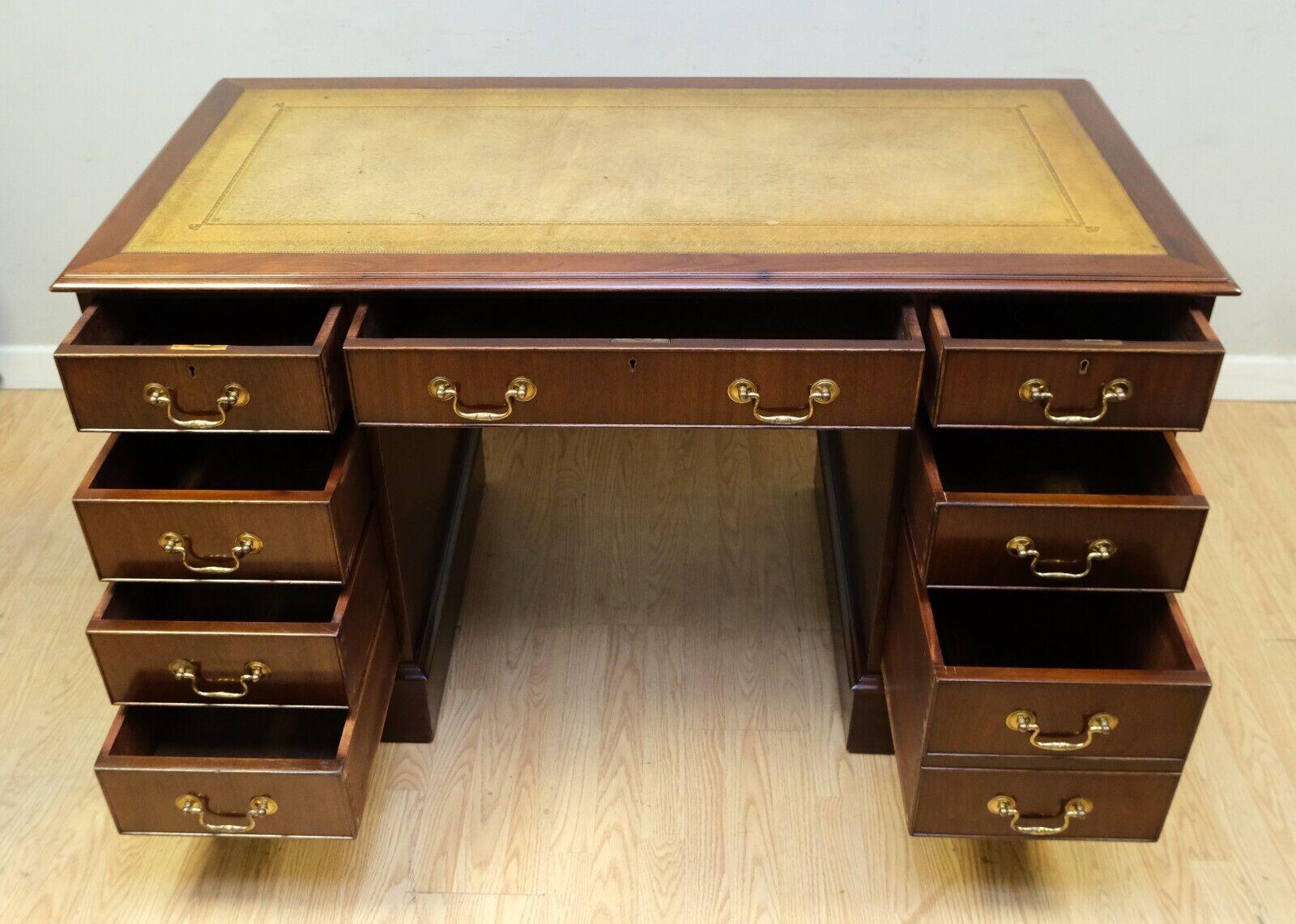 English Elegant Hardwood Desk with Light Brown Leather Desk Top & Gold Leaf Tooling