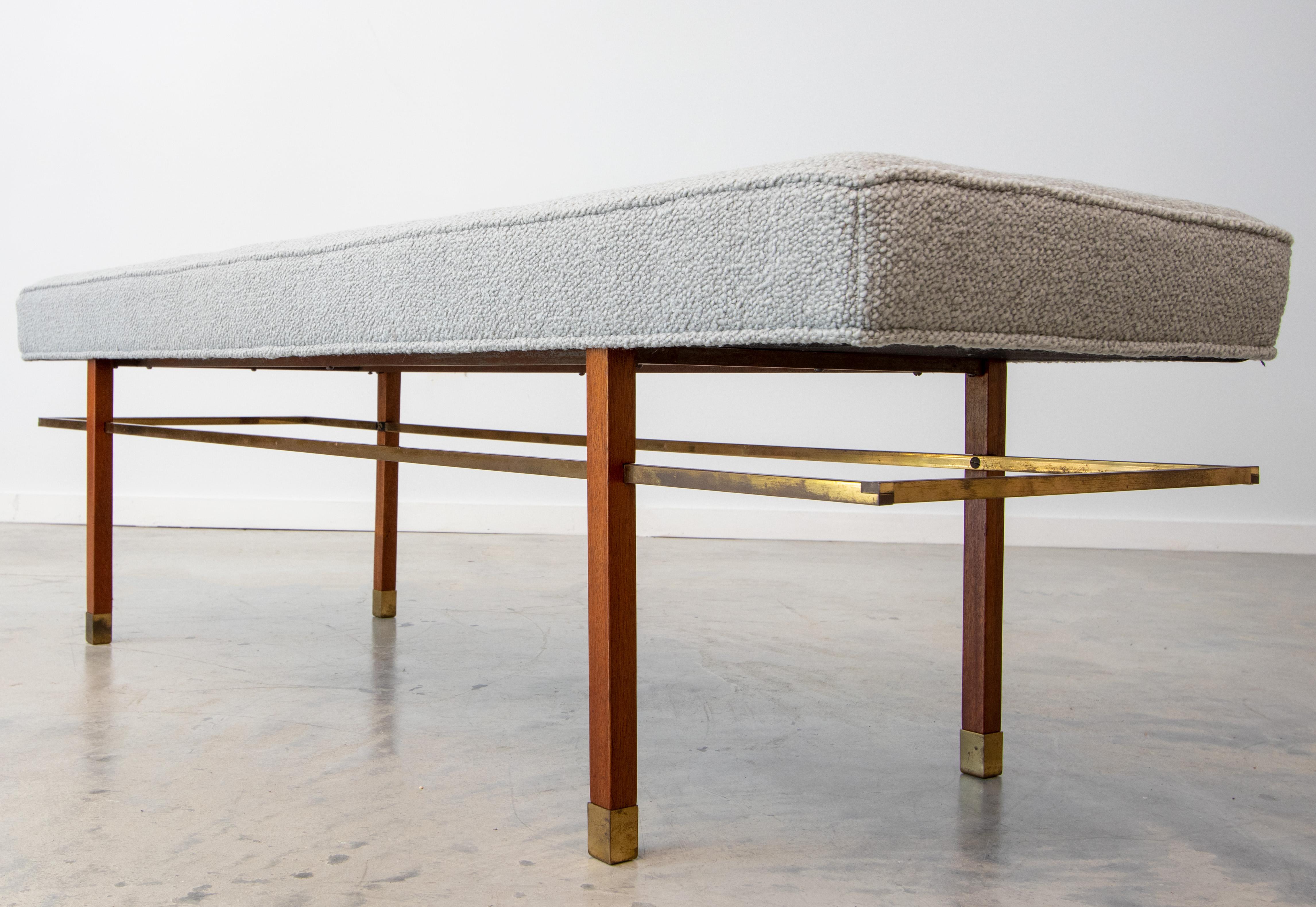 Elegant Harvey Probber Bench in Brass Mahogany and Knoll boucle Fabric